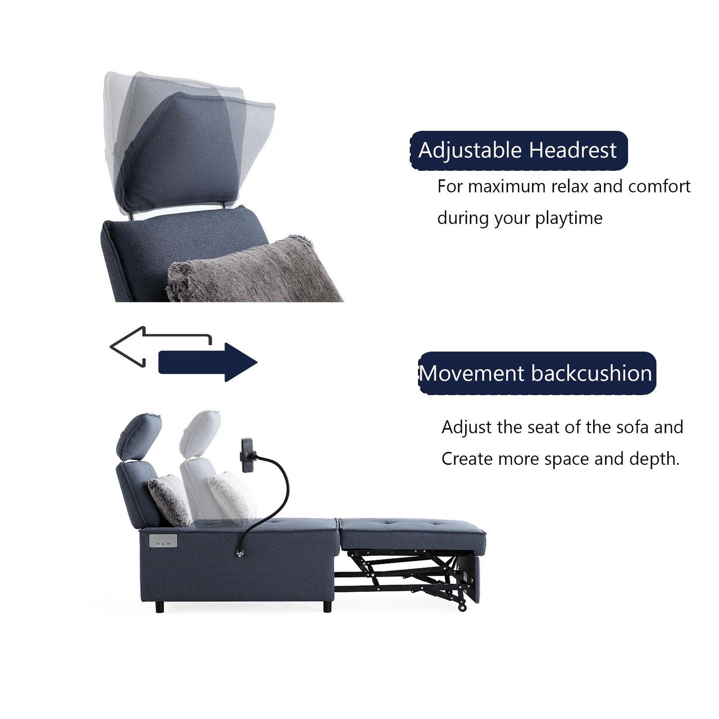 Fauteuil convertible 3 en 1, canapé inclinable réglable avec haut-parleurs Bluetooth, ports USB et oreiller moelleux