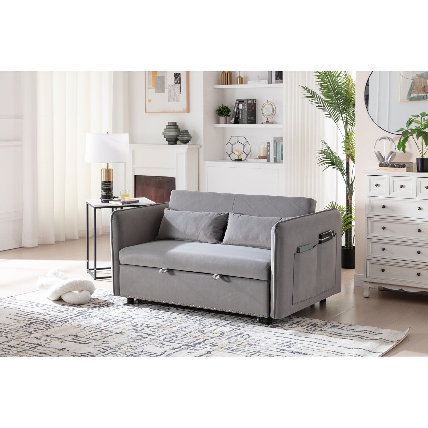 Canapé-lit futon convertible 3 en 1, 55 places, 2 oreillers, ports USB et poches latérales