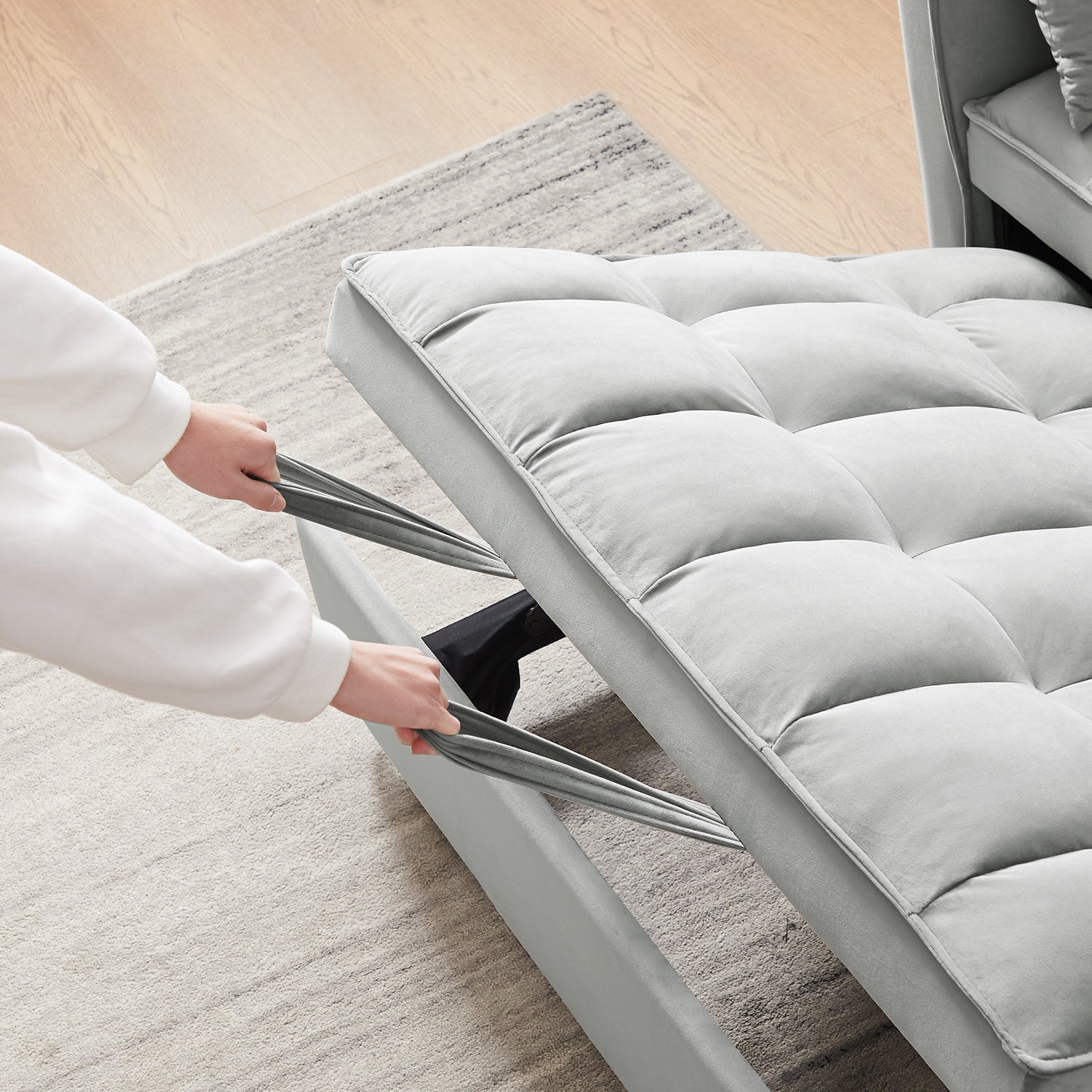 Canapé-lit futon 3 en 1 moderne en velours avec coussins et poches, gris