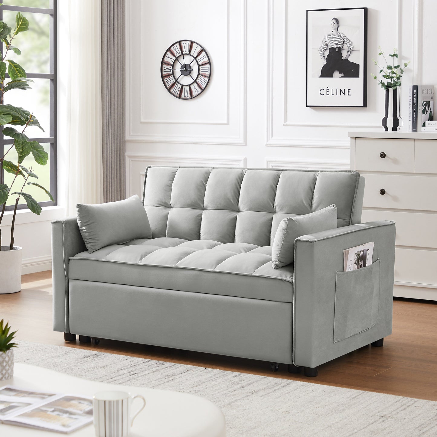 Canapé-lit futon 3 en 1 moderne en velours avec coussins et poches, gris