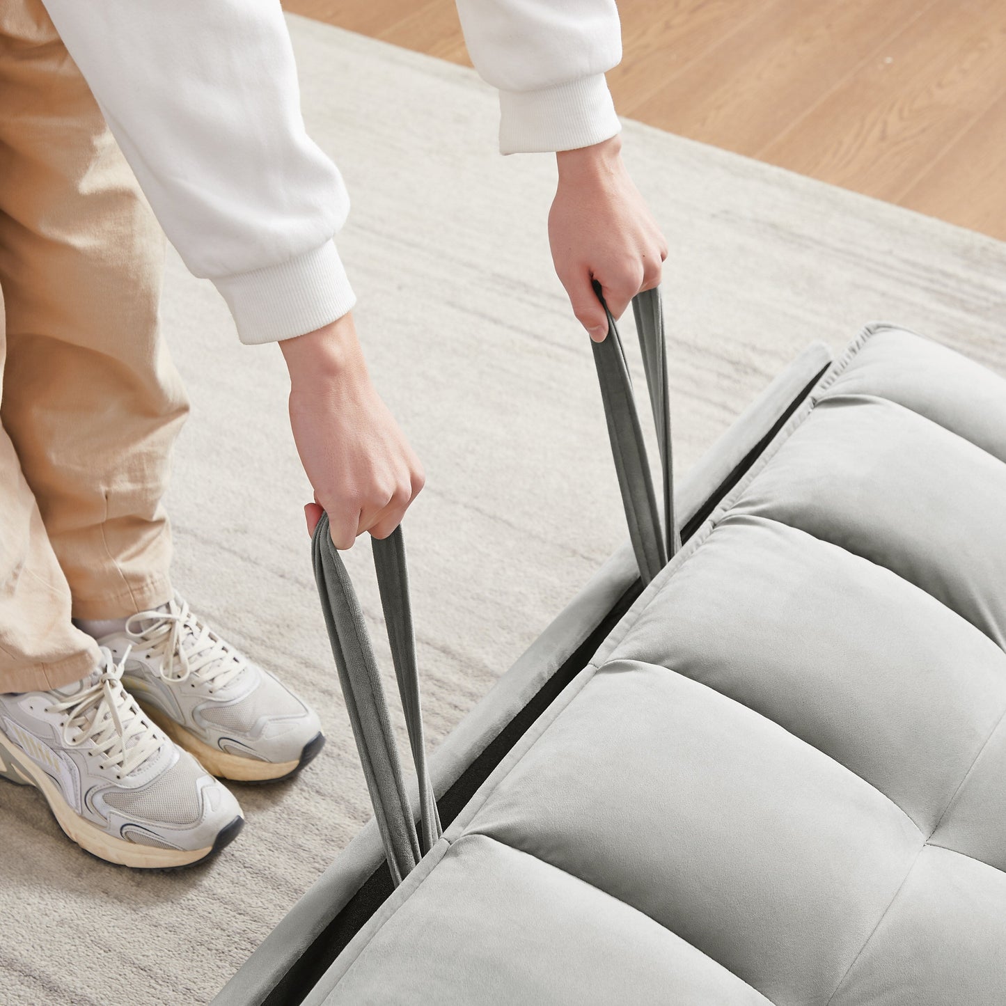 Canapé-lit futon 3 en 1 moderne en velours avec coussins et poches, gris