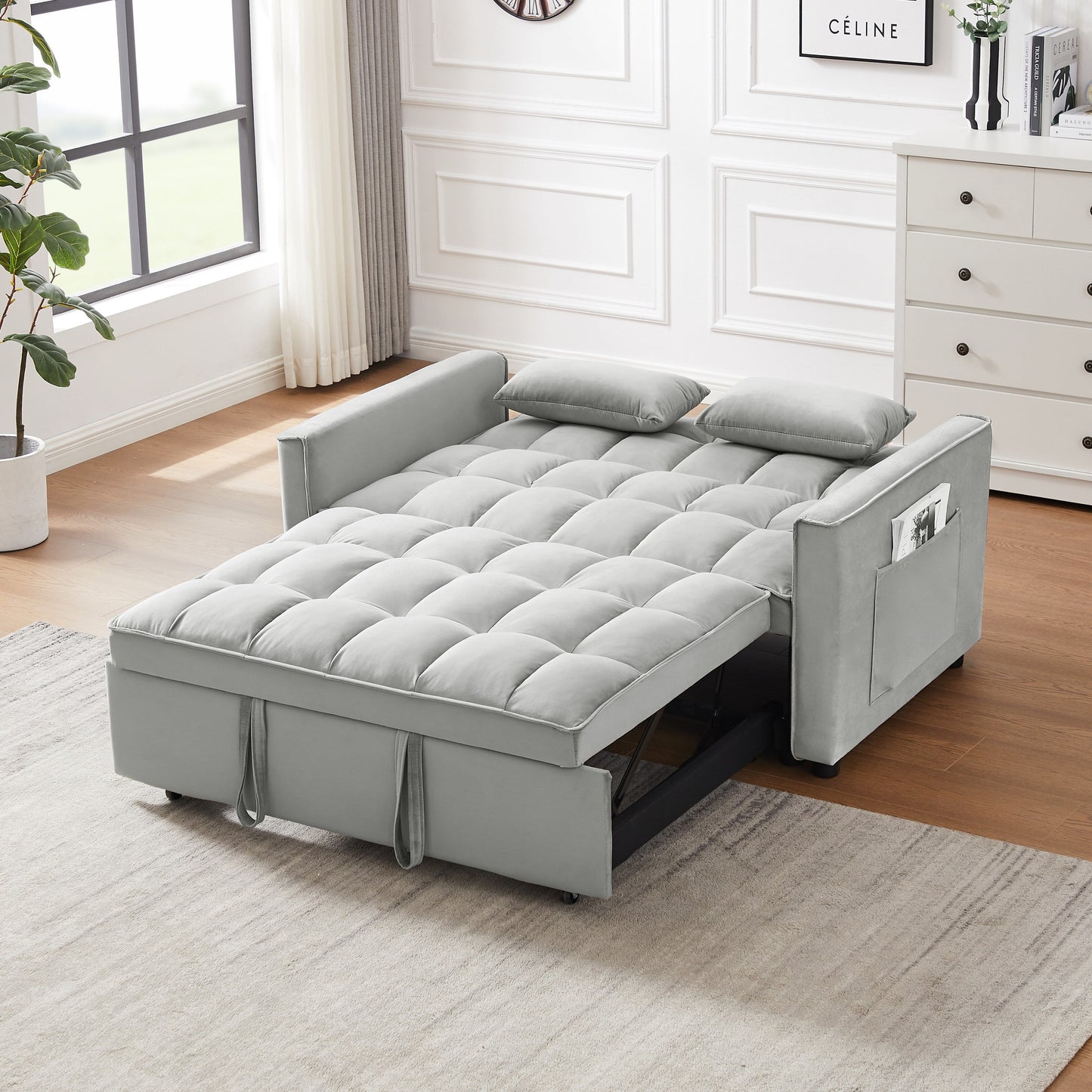 Canapé-lit futon 3 en 1 moderne en velours avec coussins et poches, gris