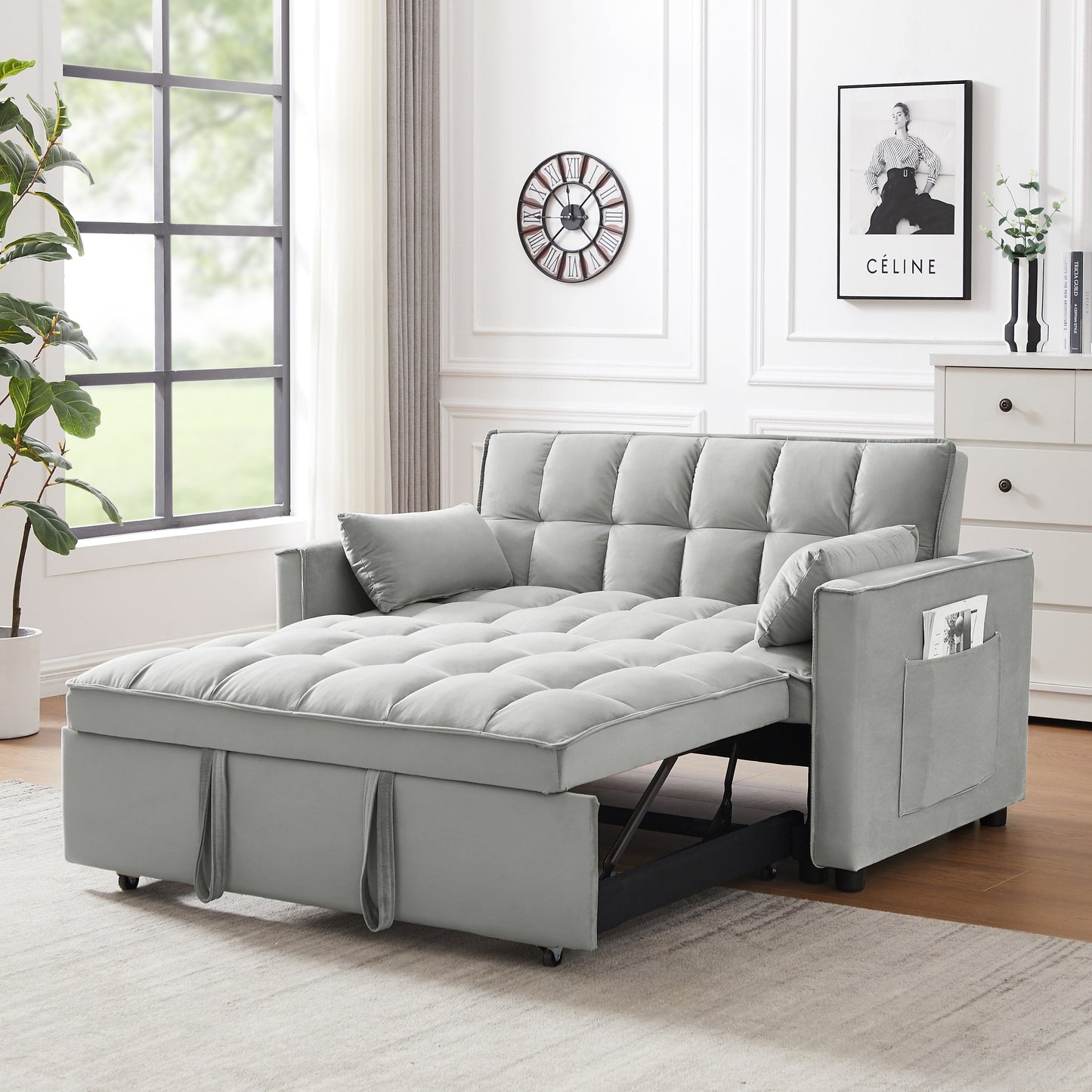 Canapé-lit futon 3 en 1 moderne en velours avec coussins et poches, gris