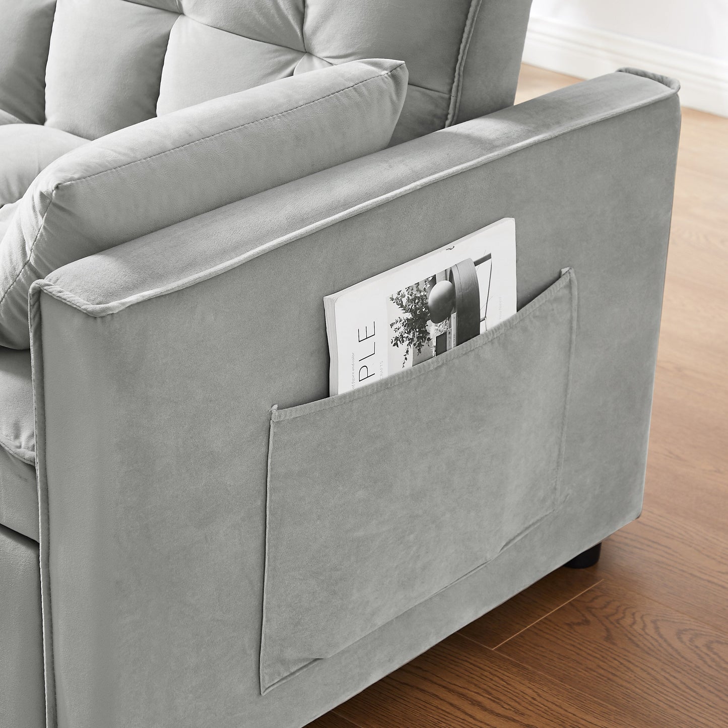 Canapé-lit futon 3 en 1 moderne en velours avec coussins et poches, gris