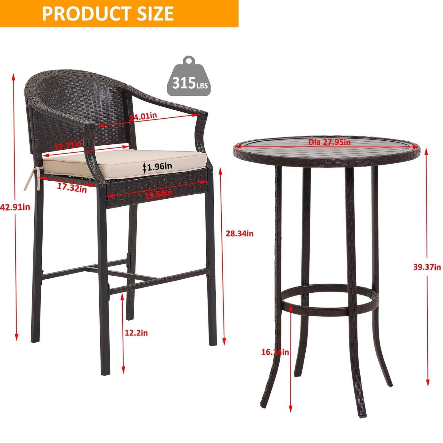 Ensemble de bar d'extérieur 3 pièces avec plateau en fer
