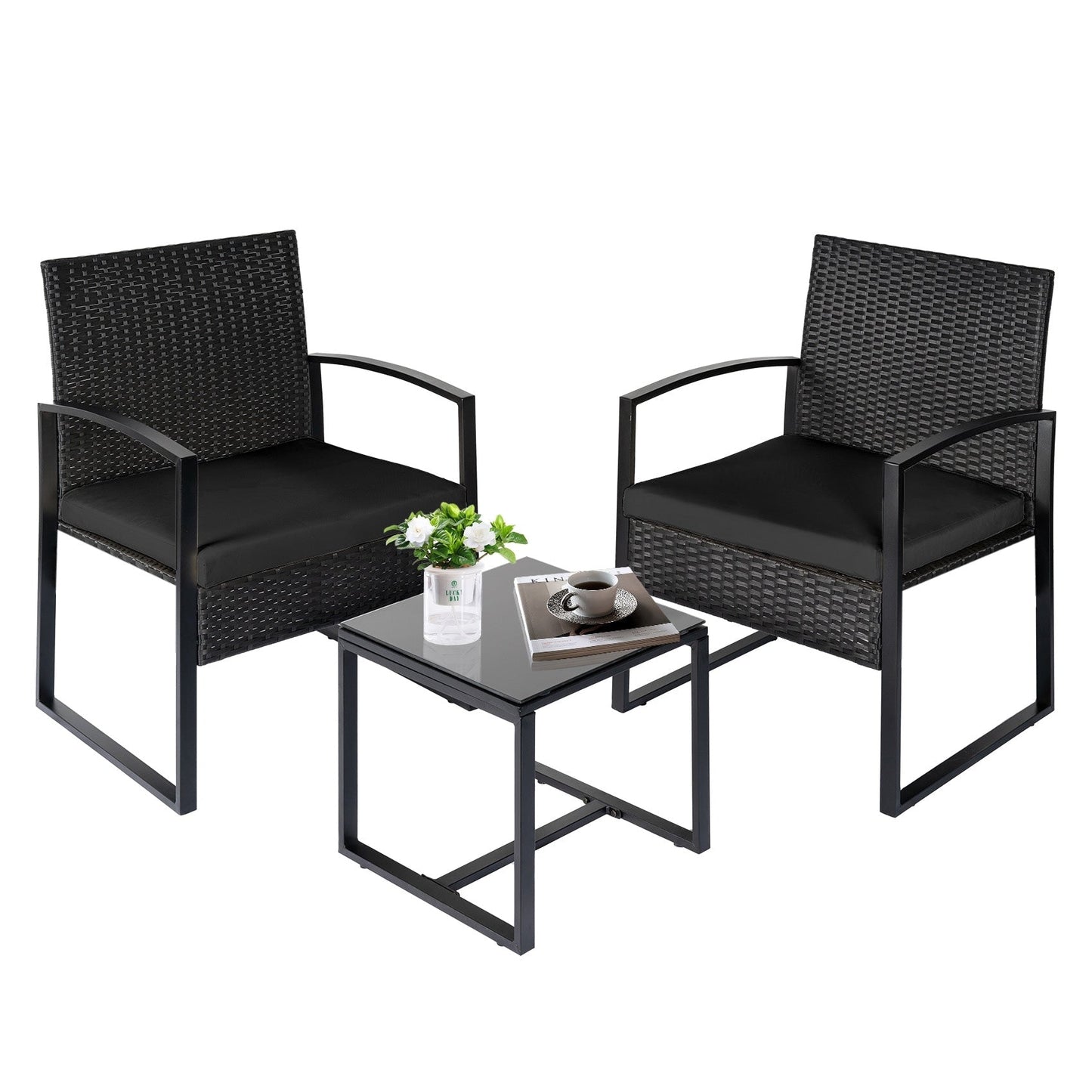 Ensemble de bistrot de jardin 3 pièces avec table en verre et salon de jardin en rotin pour véranda, jardin et balcon