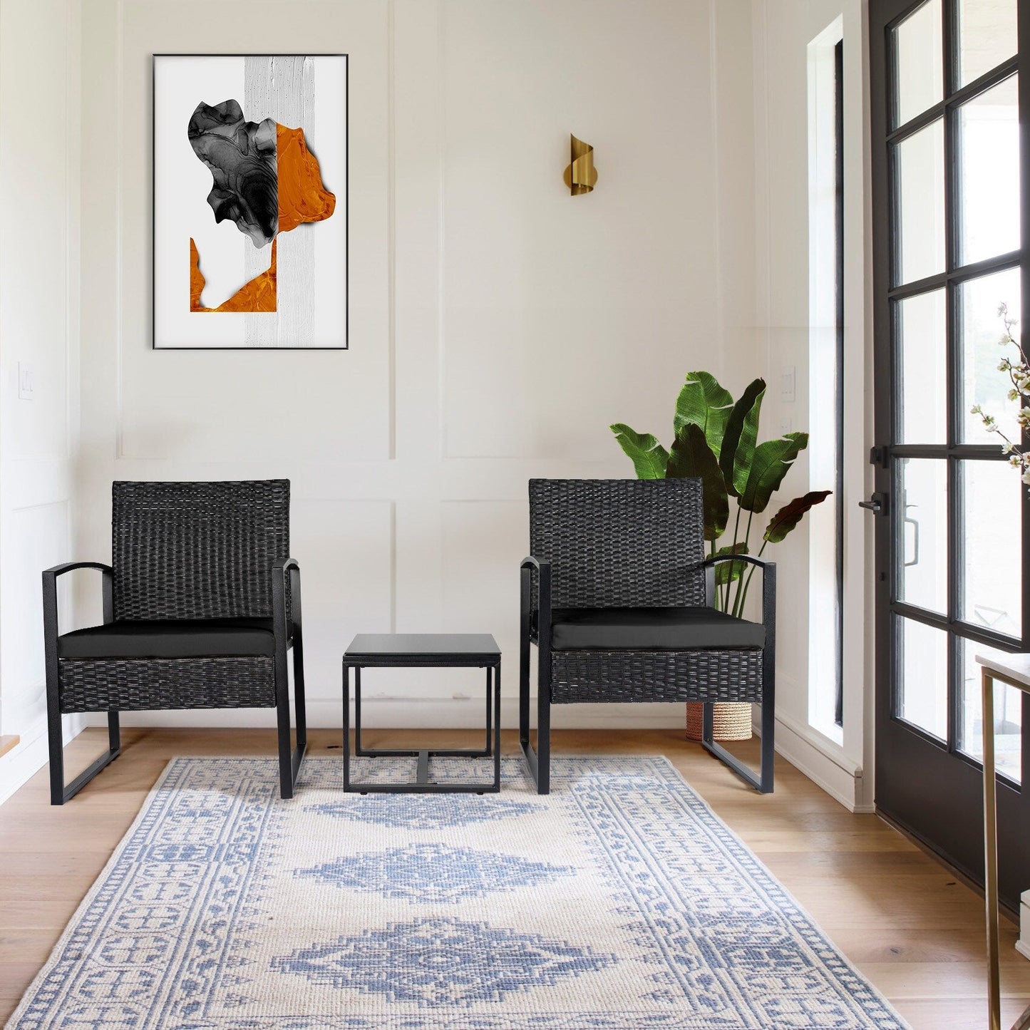 Ensemble de bistrot de jardin 3 pièces avec table en verre et salon de jardin en rotin pour véranda, jardin et balcon