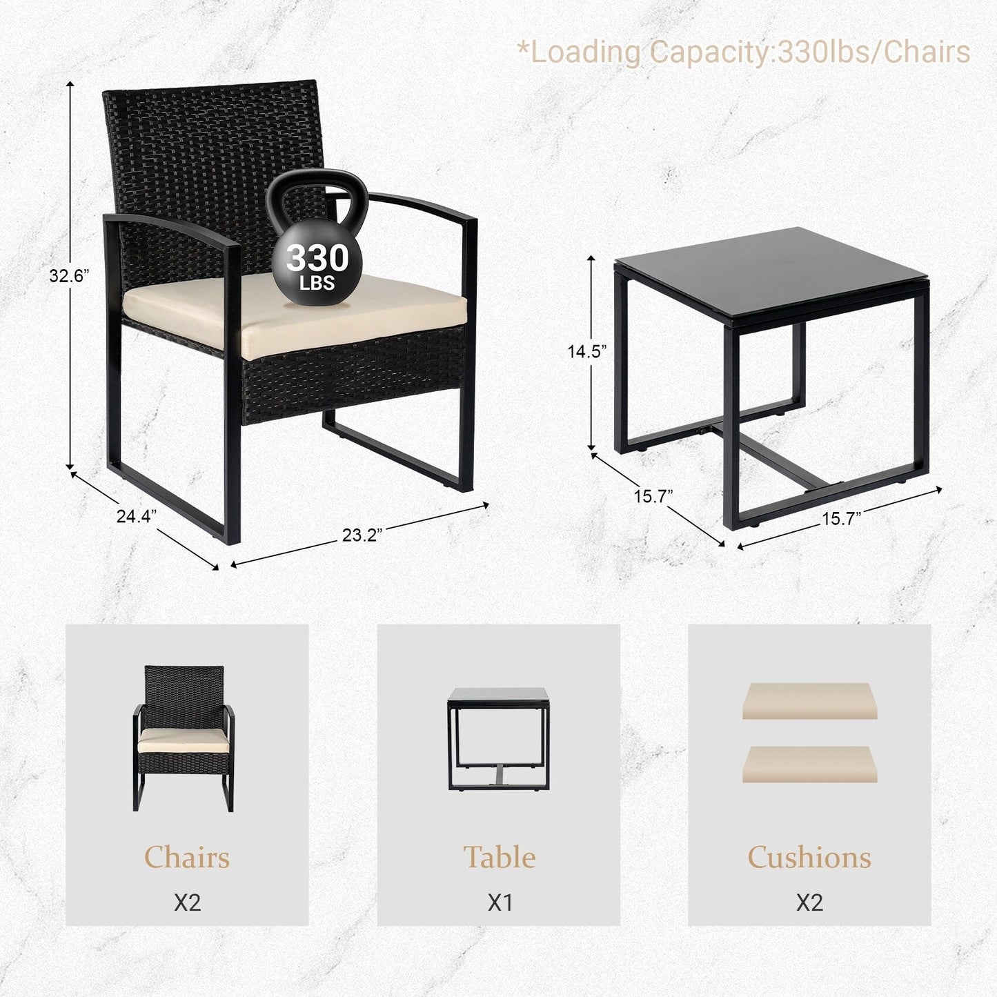 Ensemble de bistrot de jardin 3 pièces avec table en verre et salon de jardin en rotin pour véranda, jardin et balcon