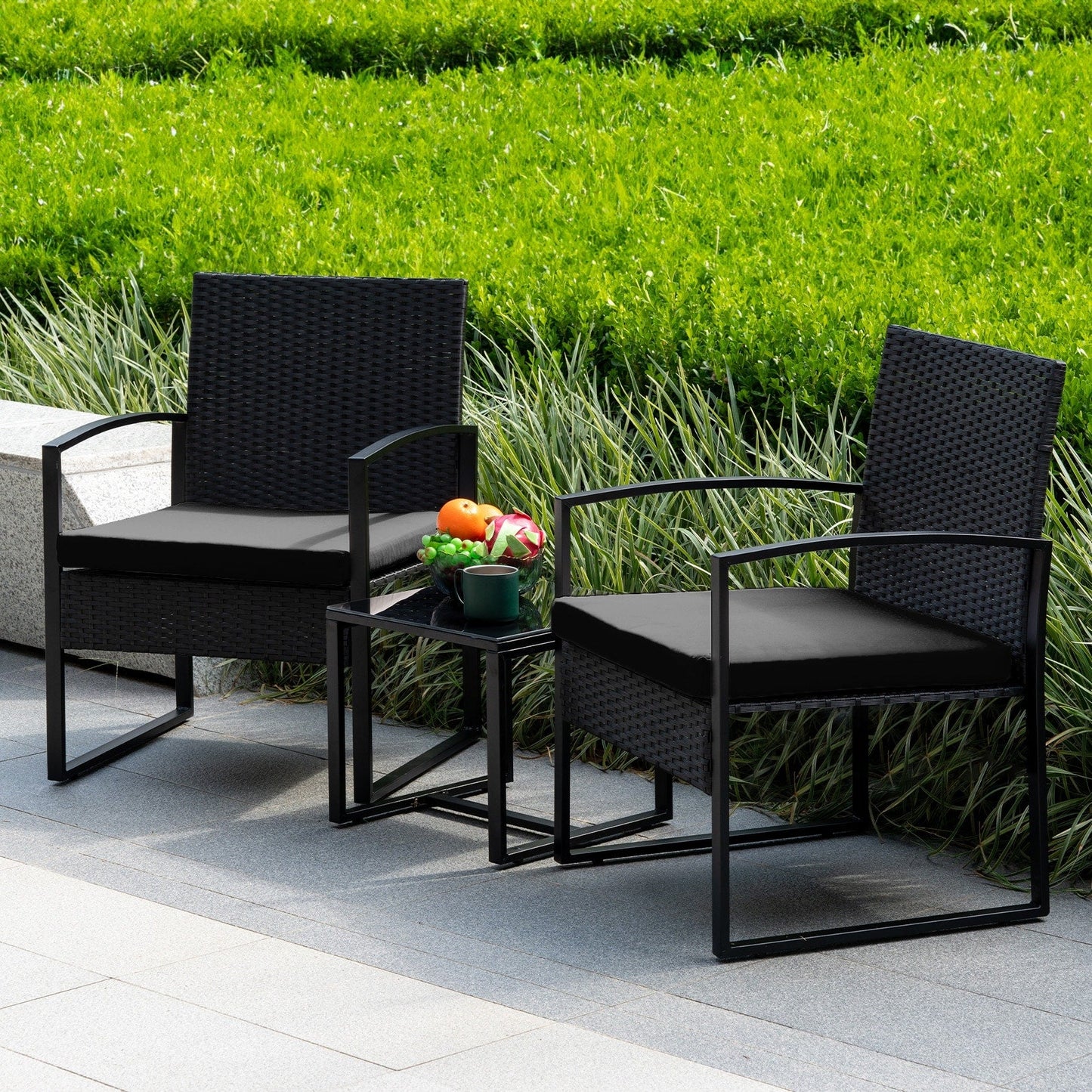 Ensemble de bistrot de jardin 3 pièces avec table en verre et salon de jardin en rotin pour véranda, jardin et balcon