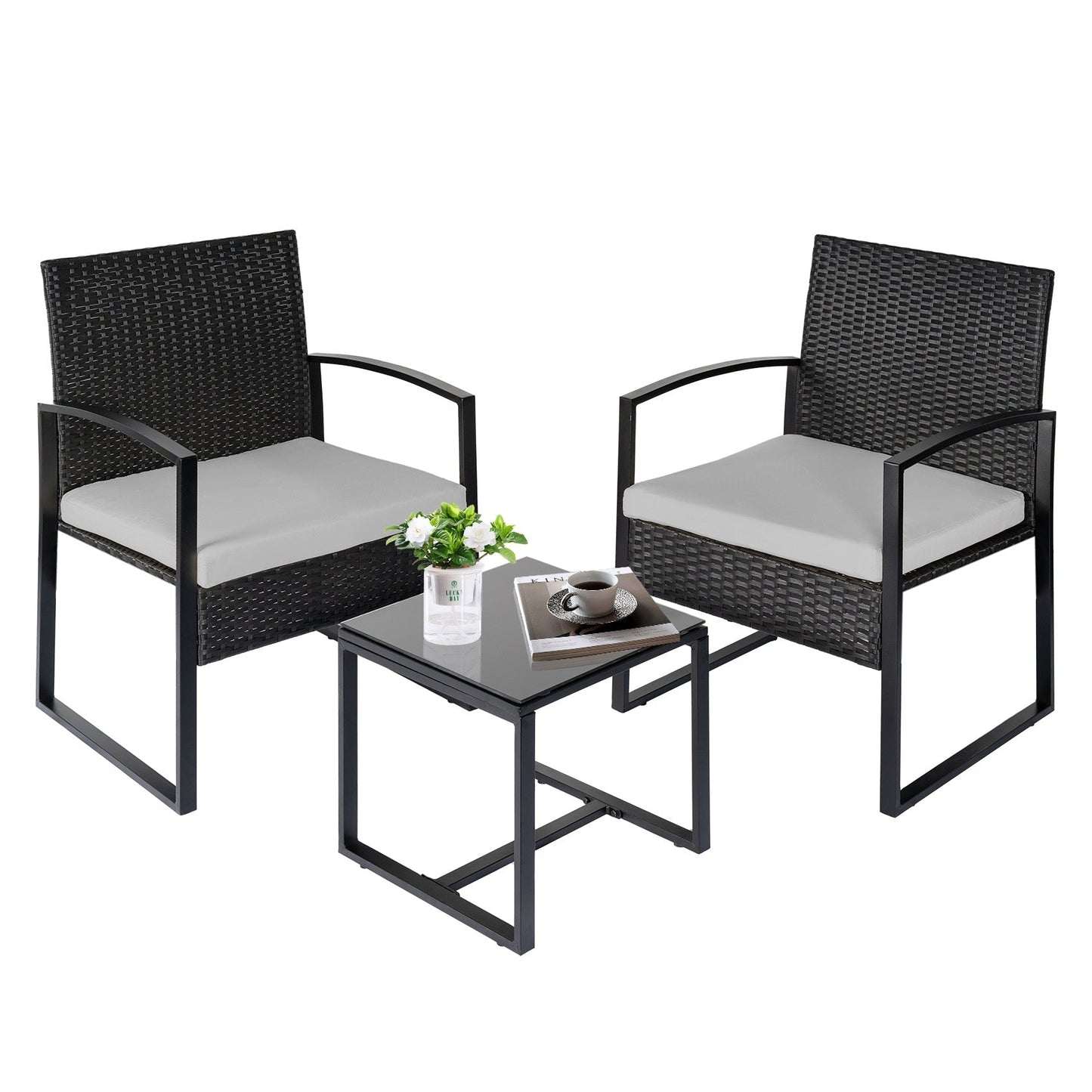 Ensemble de bistrot de jardin 3 pièces avec table en verre et salon de jardin en rotin pour véranda, jardin et balcon