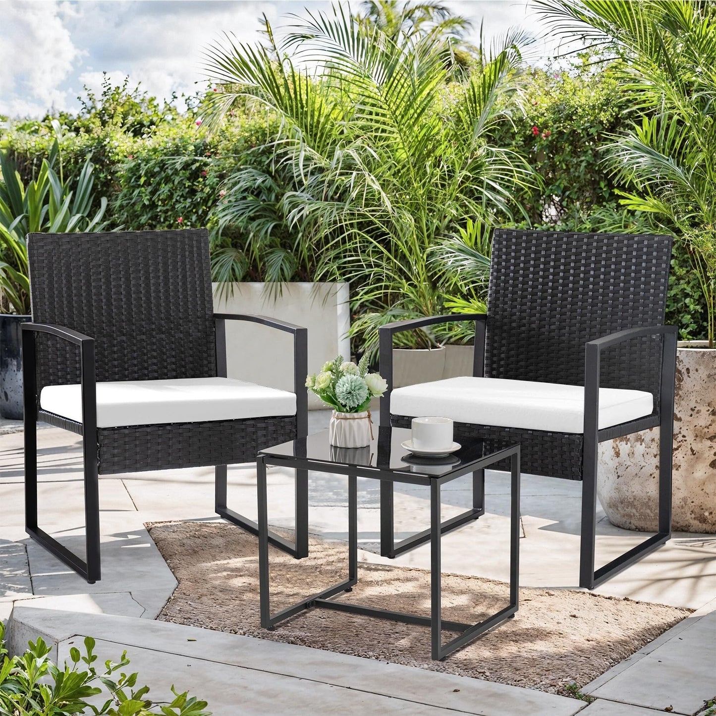 Ensemble de bistrot de jardin 3 pièces avec table en verre et salon de jardin en rotin pour véranda, jardin et balcon