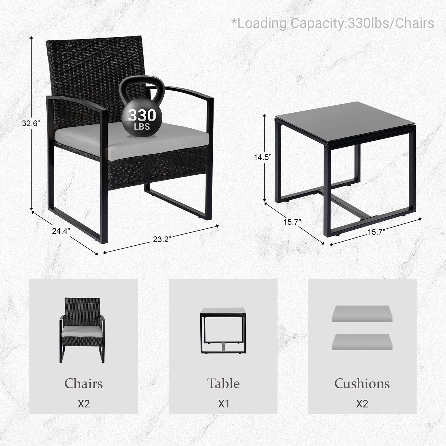 Ensemble de bistrot de jardin 3 pièces avec table en verre et salon de jardin en rotin pour véranda, jardin et balcon