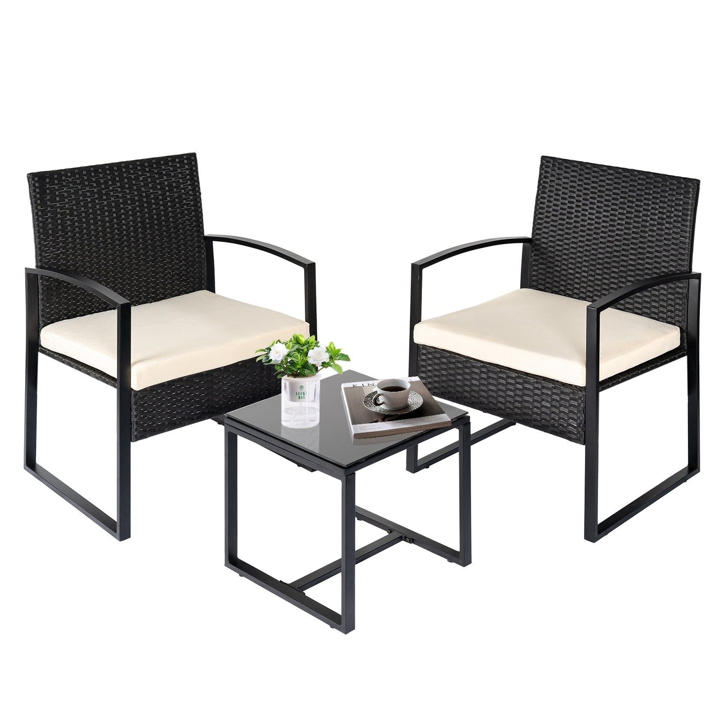 Ensemble de bistrot de jardin 3 pièces avec table en verre et salon de jardin en rotin pour véranda, jardin et balcon