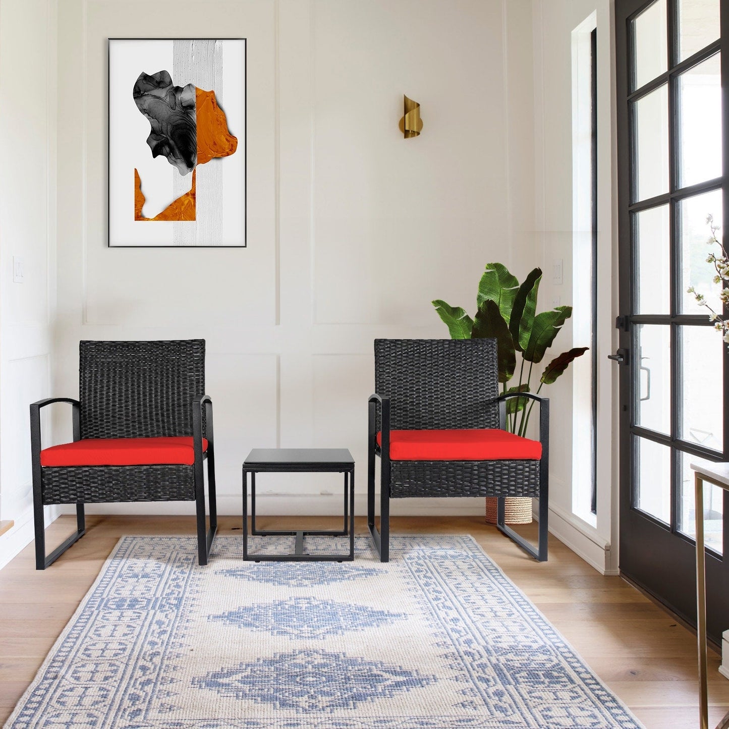 Ensemble de bistrot de jardin 3 pièces avec table en verre et salon de jardin en rotin pour véranda, jardin et balcon