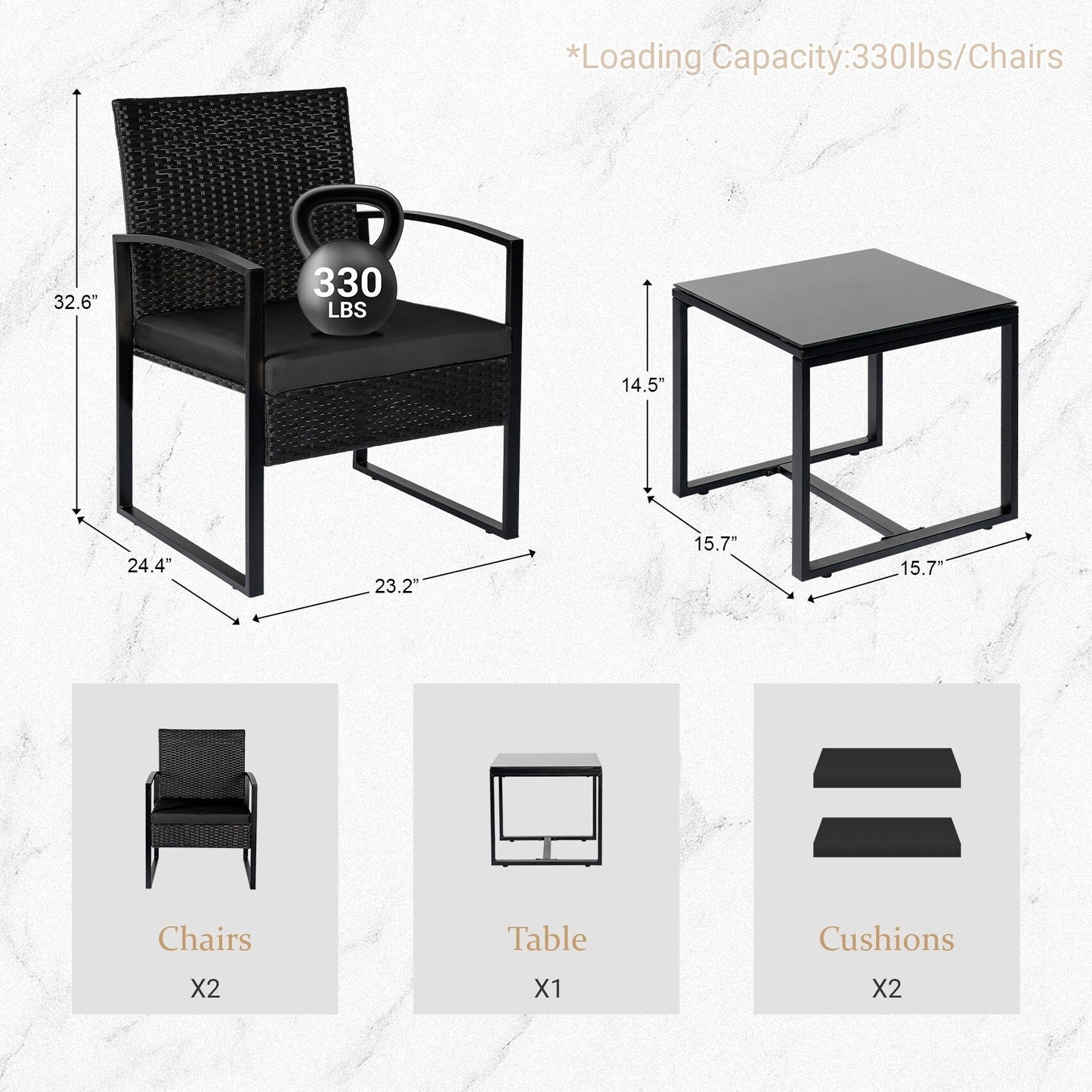 Ensemble de bistrot de jardin 3 pièces avec table en verre et salon de jardin en rotin pour véranda, jardin et balcon