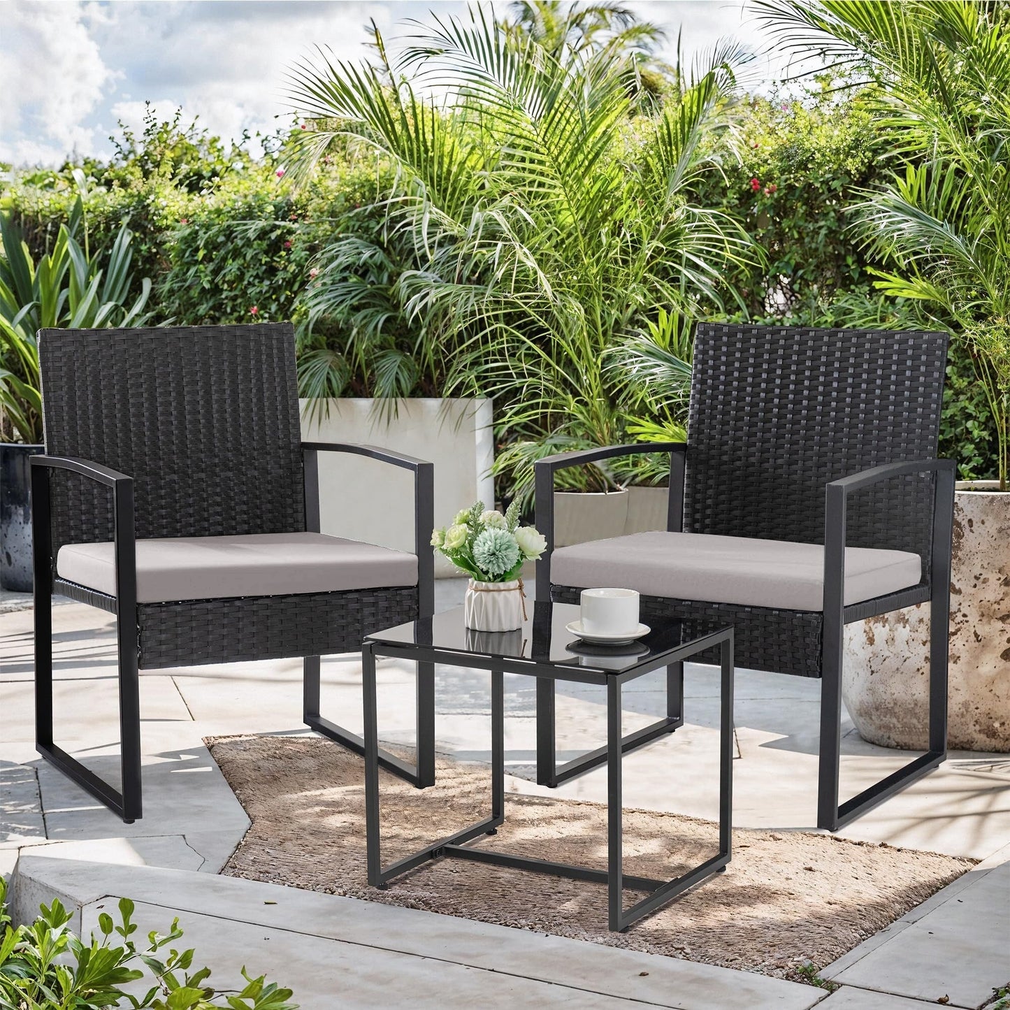 Ensemble de bistrot de jardin 3 pièces avec table en verre et salon de jardin en rotin pour véranda, jardin et balcon