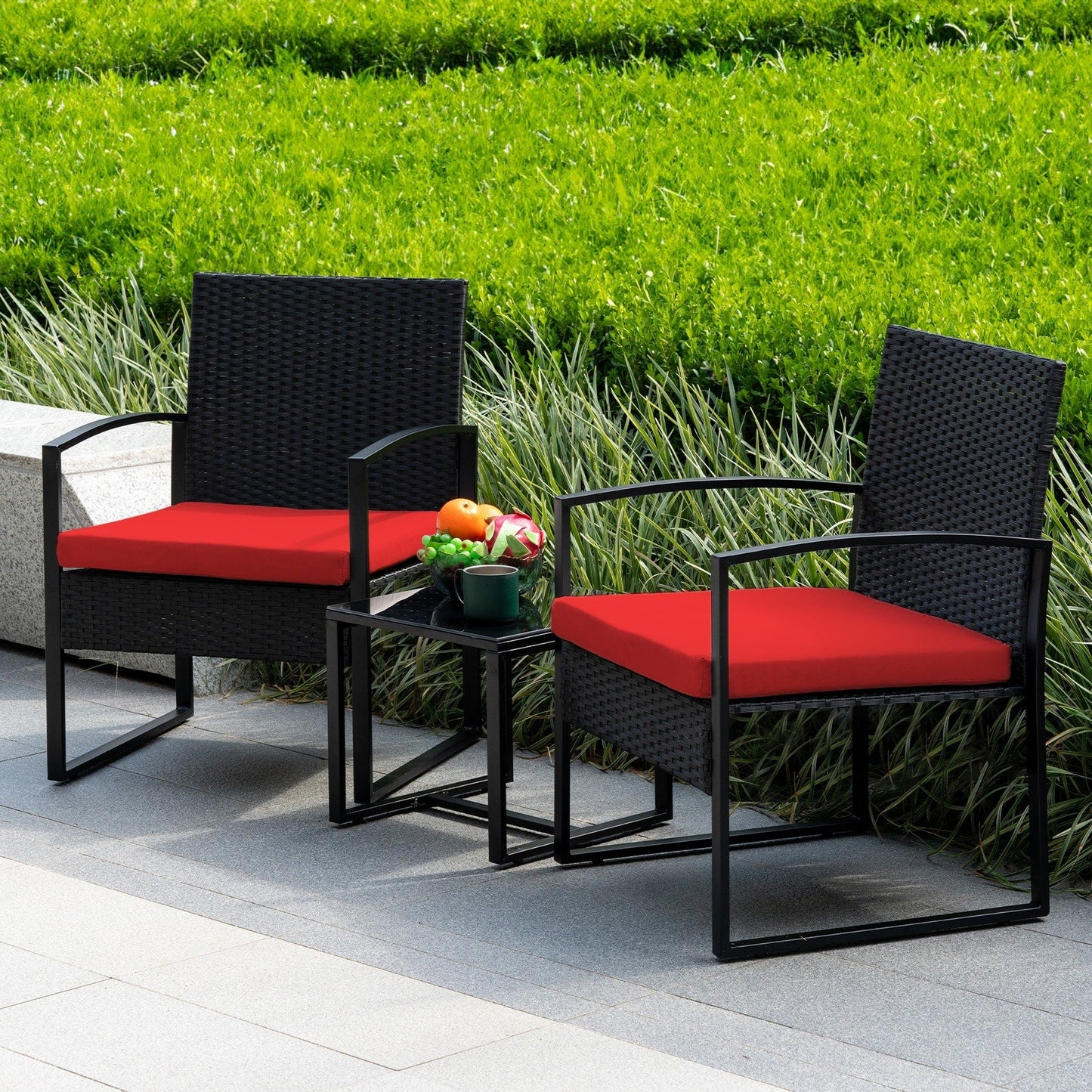 Ensemble de bistrot de jardin 3 pièces avec table en verre et salon de jardin en rotin pour véranda, jardin et balcon