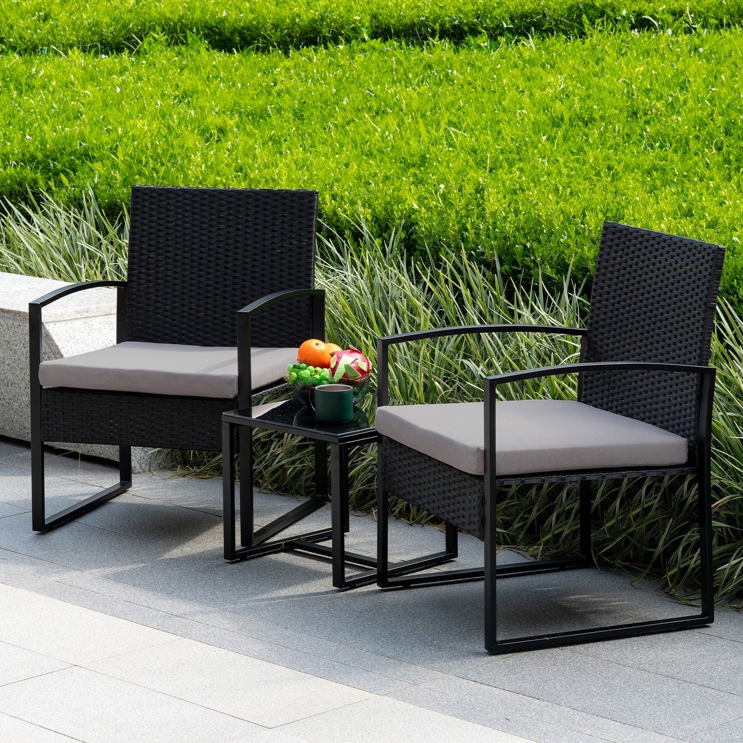 Ensemble de bistrot de jardin 3 pièces avec table en verre et salon de jardin en rotin pour véranda, jardin et balcon