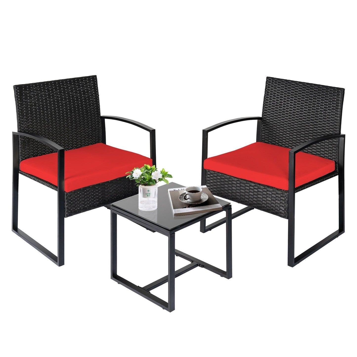 Ensemble de bistrot de jardin 3 pièces avec table en verre et salon de jardin en rotin pour véranda, jardin et balcon