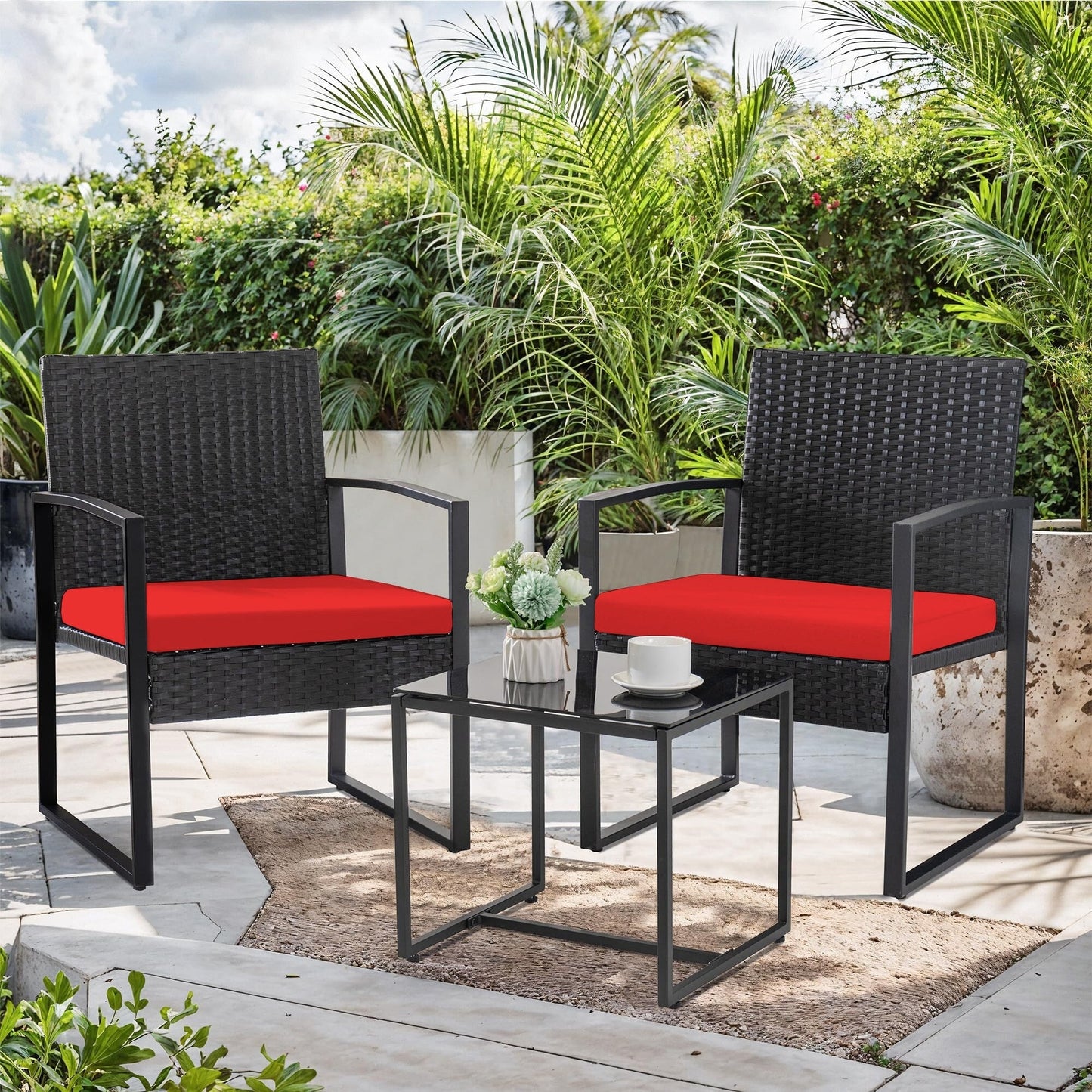 Ensemble de bistrot de jardin 3 pièces avec table en verre et salon de jardin en rotin pour véranda, jardin et balcon