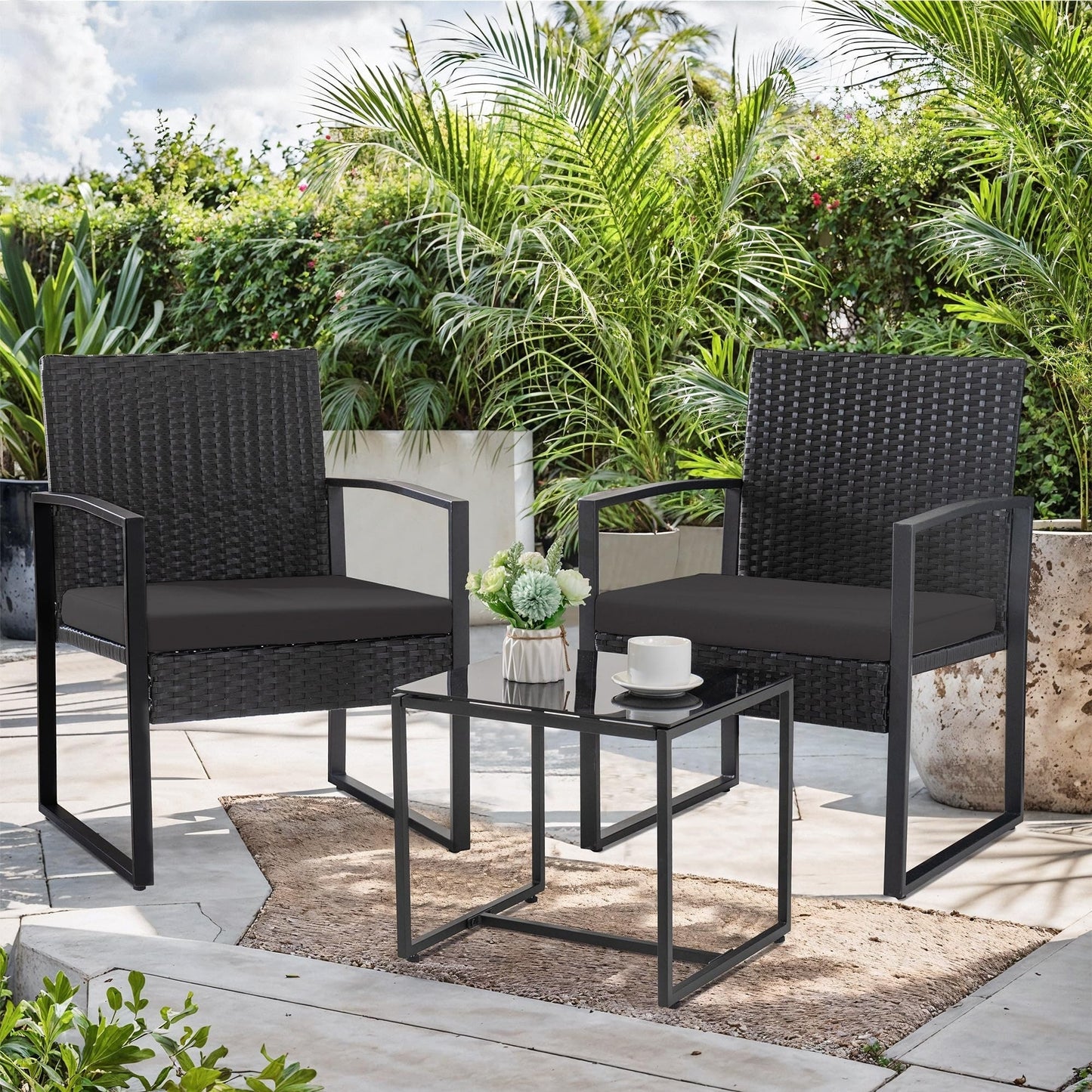 Ensemble de bistrot de jardin 3 pièces avec table en verre et salon de jardin en rotin pour véranda, jardin et balcon