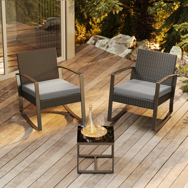 Ensemble de patio en osier 3 pièces avec coussin Ensemble de chaises d'extérieur avec table en verre Chaise en rotin Ensemble de bistrot moderne