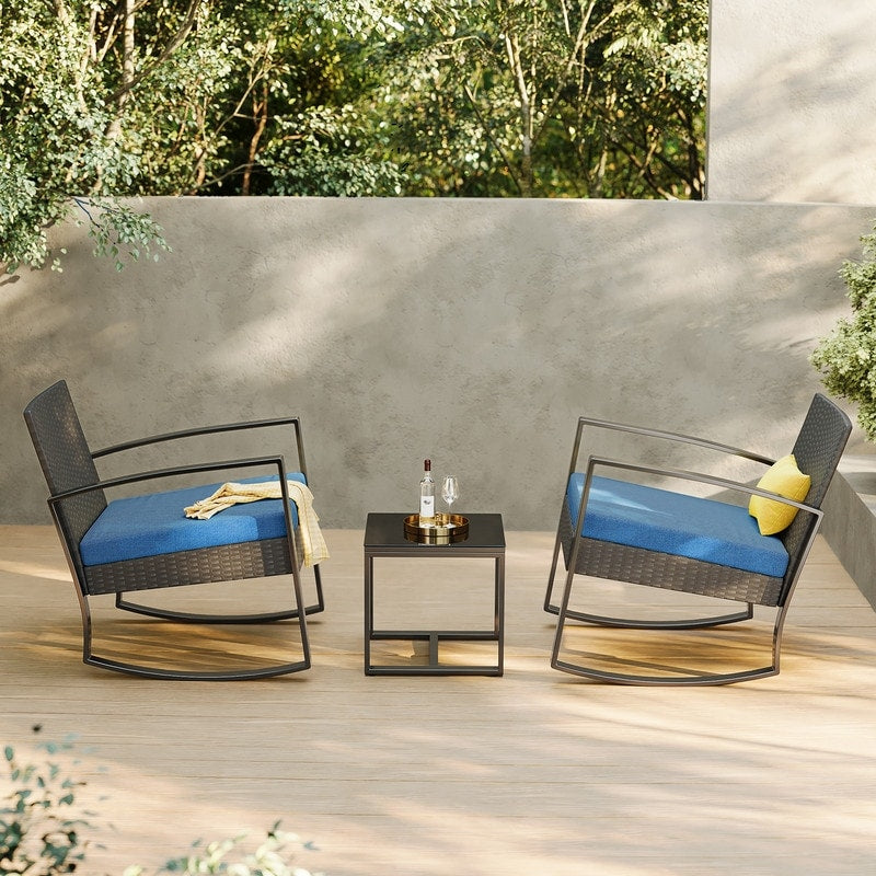 Ensemble de patio en osier 3 pièces avec coussin Ensemble de chaises d'extérieur avec table en verre Chaise en rotin Ensemble de bistrot moderne