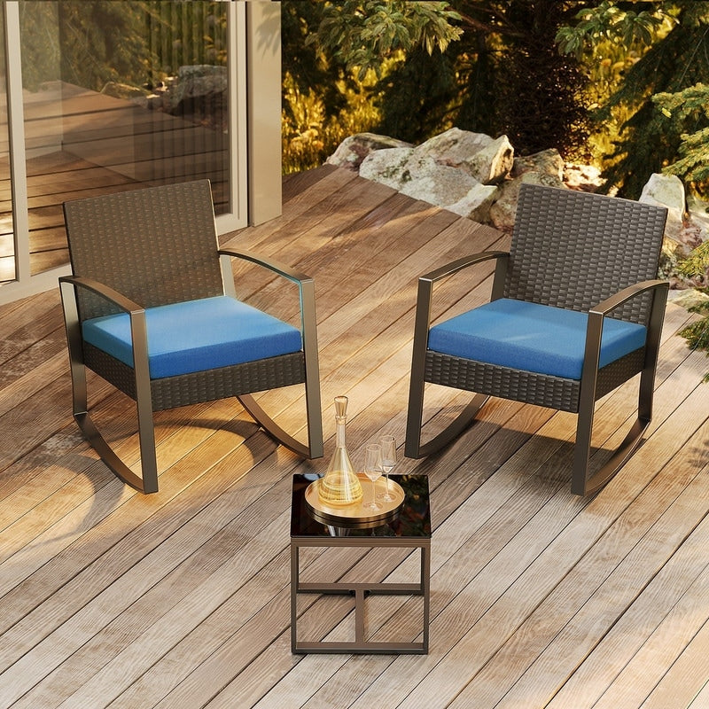 Ensemble de patio en osier 3 pièces avec coussin Ensemble de chaises d'extérieur avec table en verre Chaise en rotin Ensemble de bistrot moderne