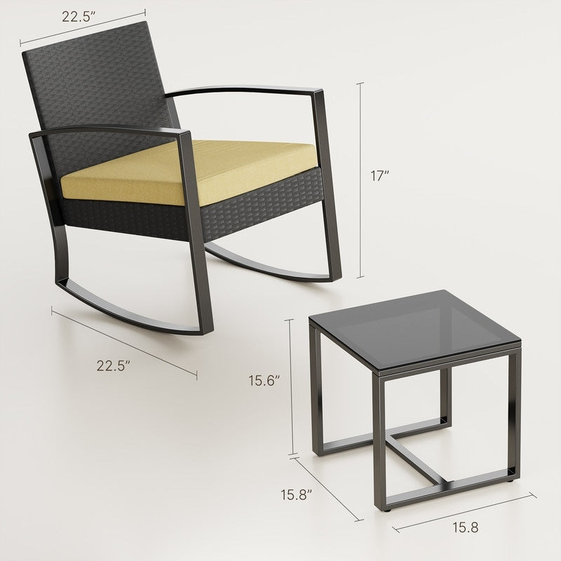 Ensemble de patio en osier 3 pièces avec coussin Ensemble de chaises d'extérieur avec table en verre Chaise en rotin Ensemble de bistrot moderne