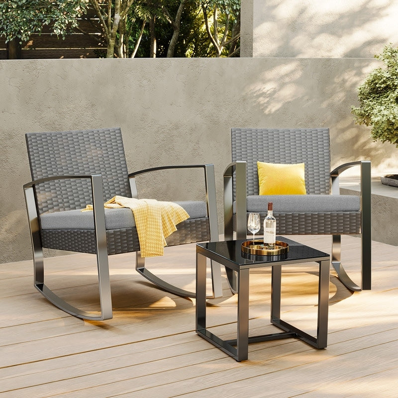 Ensemble de patio en osier 3 pièces avec coussin Ensemble de chaises d'extérieur avec table en verre Chaise en rotin Ensemble de bistrot moderne