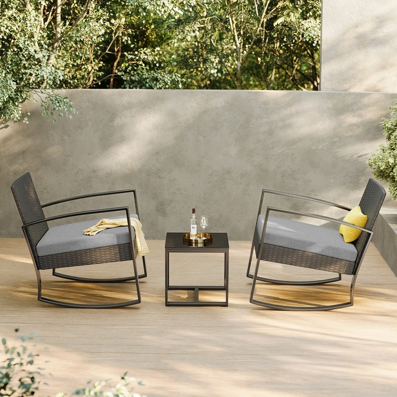 Ensemble de patio en osier 3 pièces avec coussin Ensemble de chaises d'extérieur avec table en verre Chaise en rotin Ensemble de bistrot moderne
