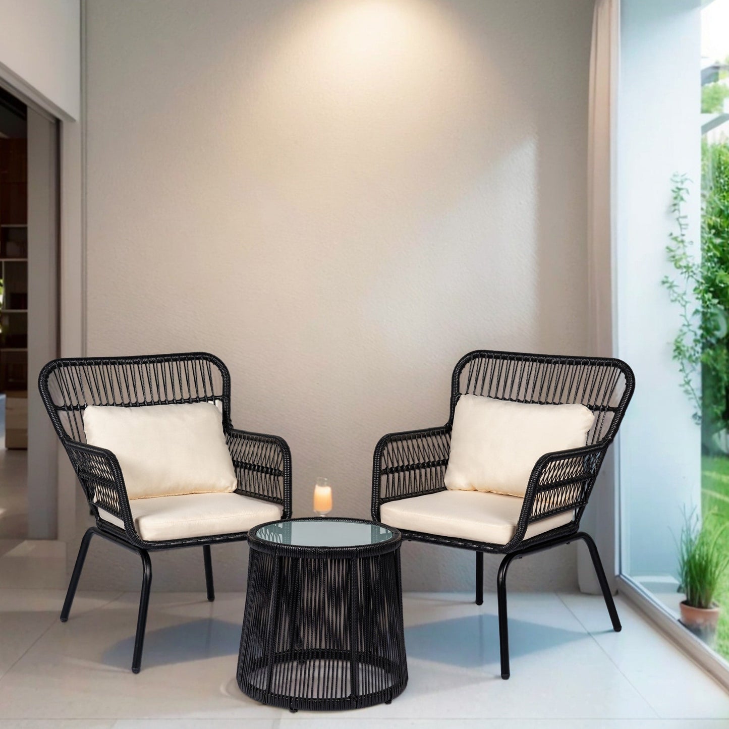 Ensemble de bistrot d'extérieur 3 pièces en osier, mobilier de jardin en rotin résistant aux intempéries, chaises de jardin avec coussins