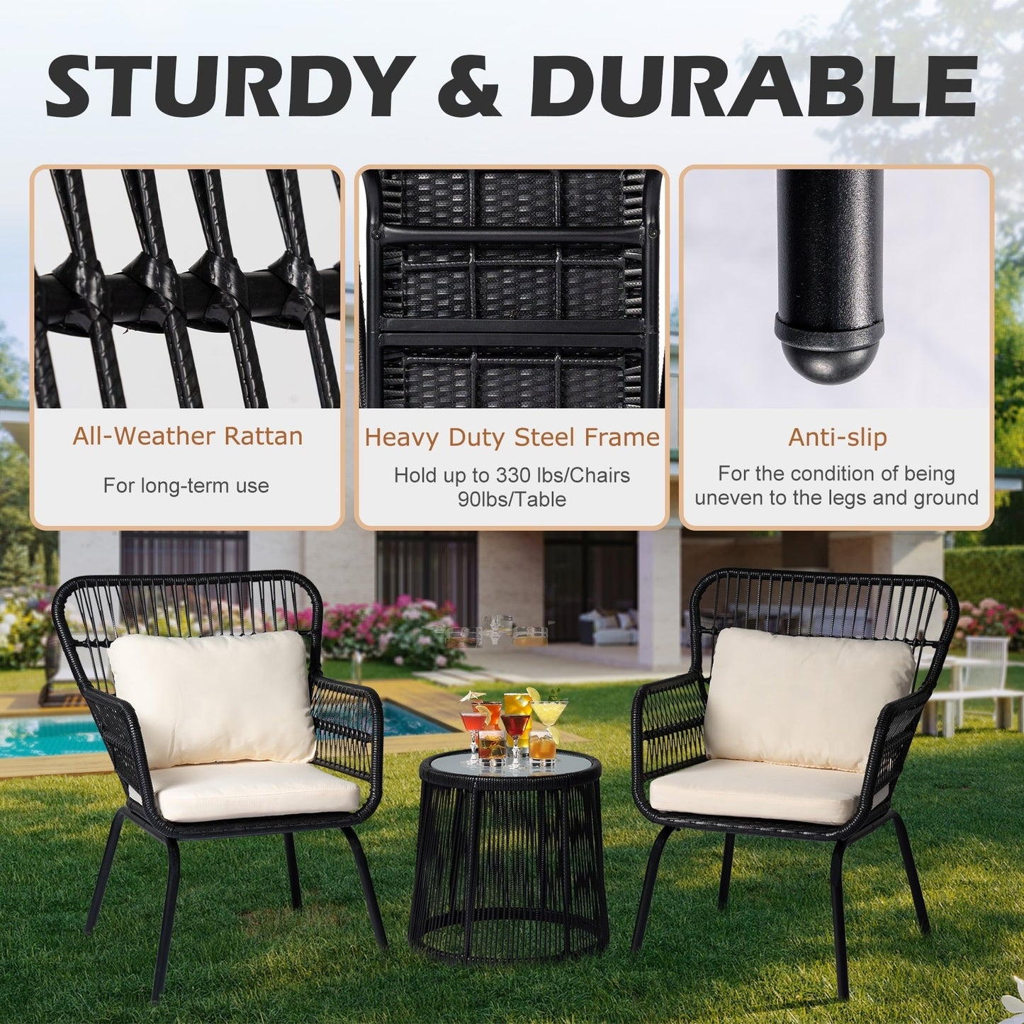 Ensemble de bistrot d'extérieur 3 pièces en osier, mobilier de jardin en rotin résistant aux intempéries, chaises de jardin avec coussins
