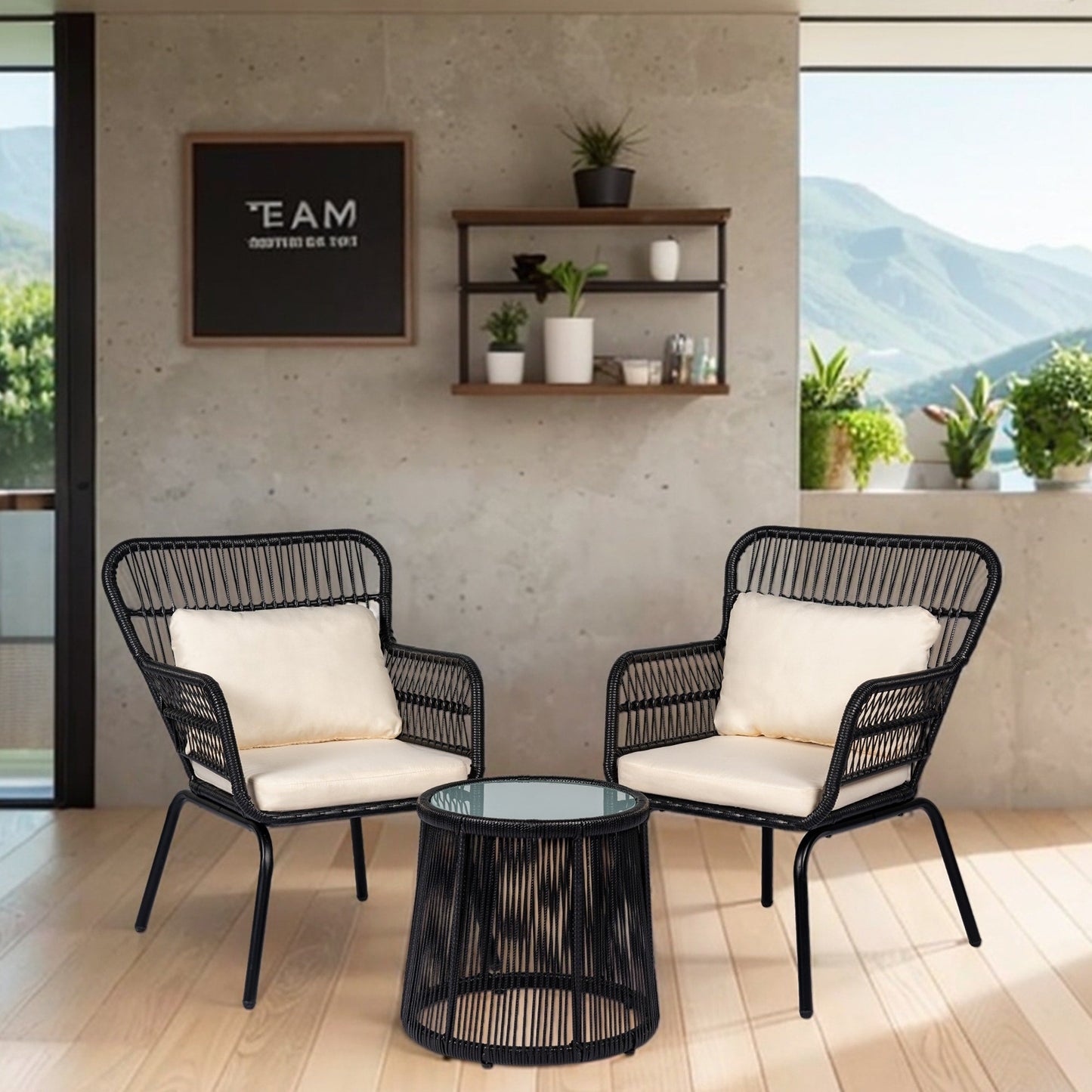 Ensemble de bistrot d'extérieur 3 pièces en osier, mobilier de jardin en rotin résistant aux intempéries, chaises de jardin avec coussins