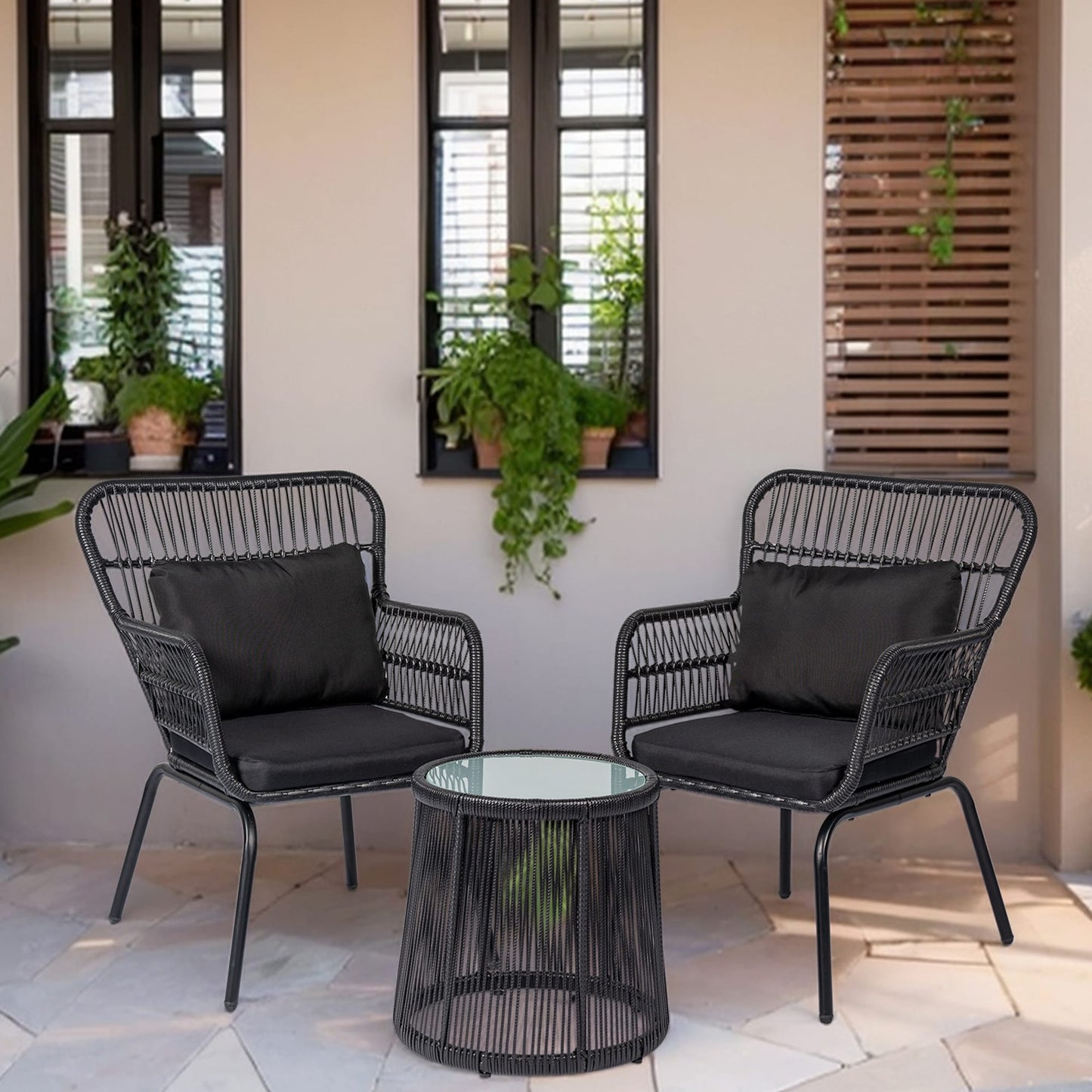 Ensemble de bistrot d'extérieur 3 pièces en osier, mobilier de jardin en rotin résistant aux intempéries, chaises de jardin avec coussins