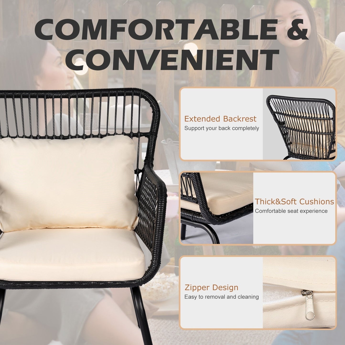 Ensemble de bistrot d'extérieur 3 pièces en osier, mobilier de jardin en rotin résistant aux intempéries, chaises de jardin avec coussins