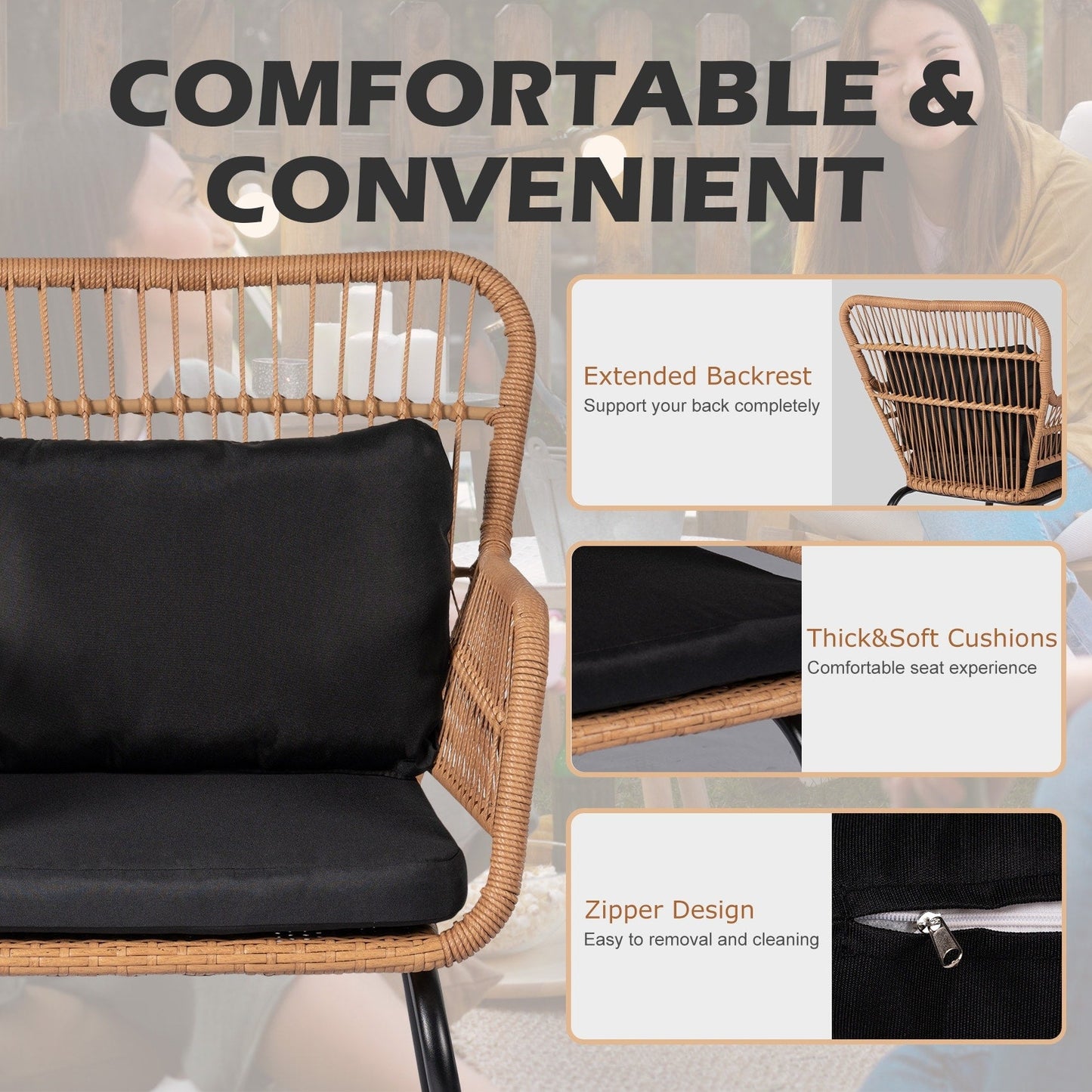 Ensemble de bistrot d'extérieur 3 pièces en osier, mobilier de jardin en rotin résistant aux intempéries, chaises de jardin avec coussins