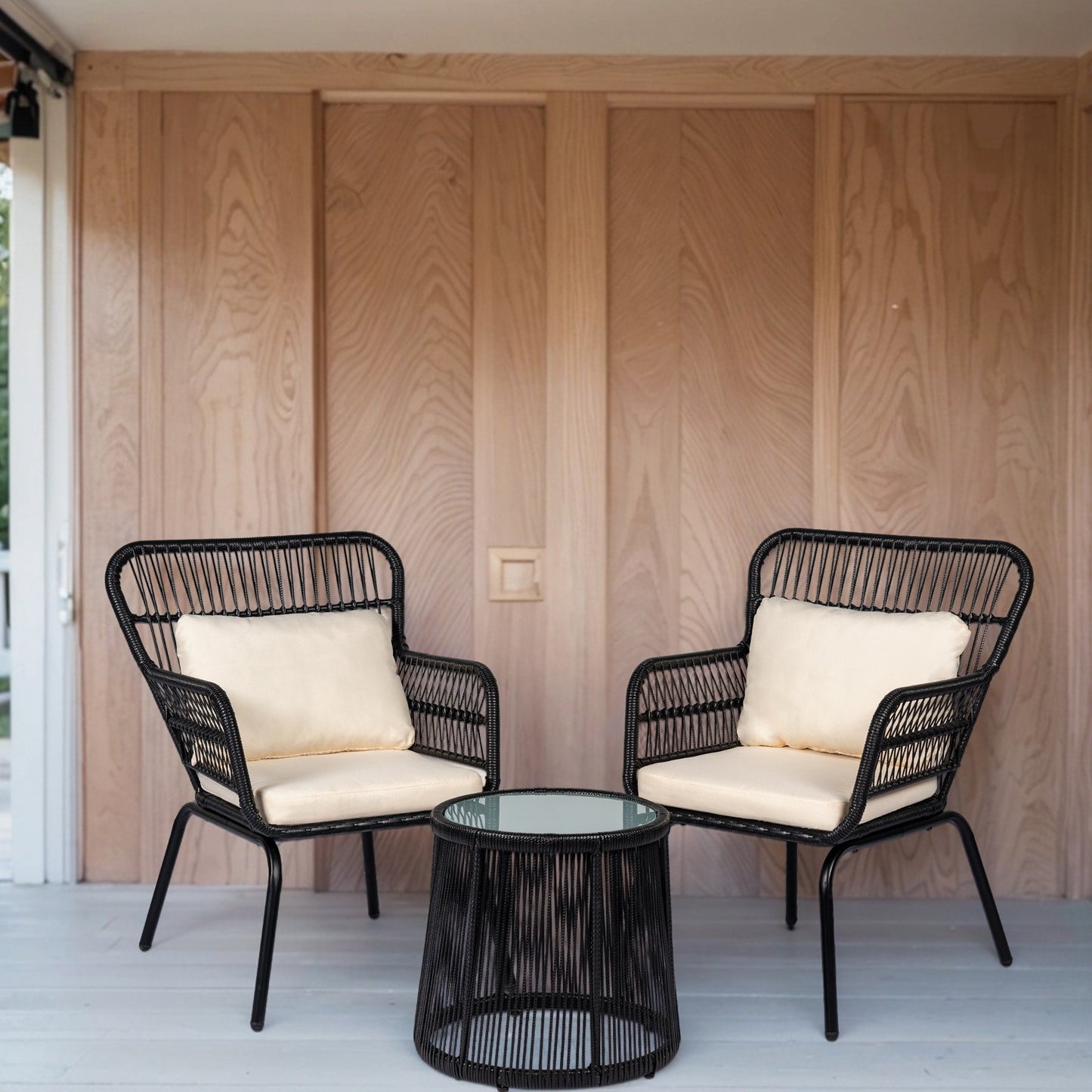 Ensemble de bistrot d'extérieur 3 pièces en osier, mobilier de jardin en rotin résistant aux intempéries, chaises de jardin avec coussins