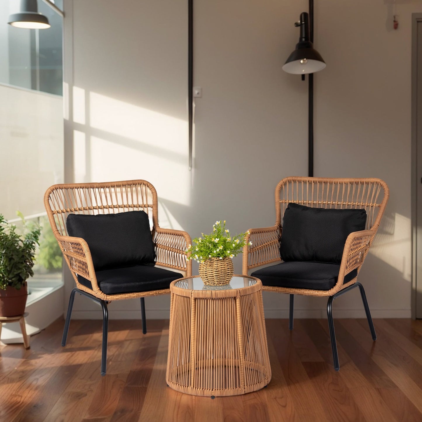 Ensemble de bistrot d'extérieur 3 pièces en osier, mobilier de jardin en rotin résistant aux intempéries, chaises de jardin avec coussins