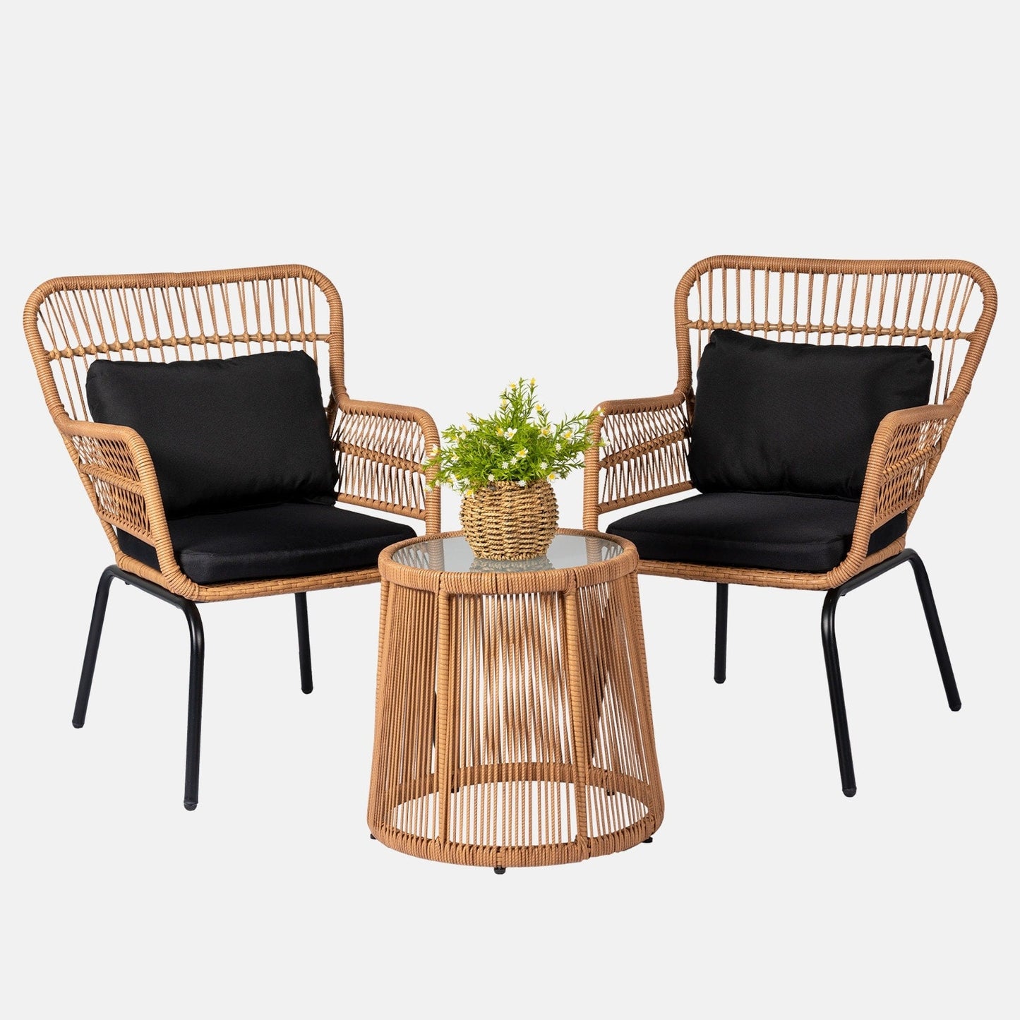 Ensemble de bistrot d'extérieur 3 pièces en osier, mobilier de jardin en rotin résistant aux intempéries, chaises de jardin avec coussins