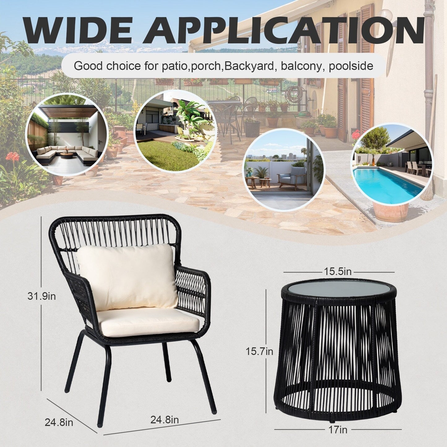 Ensemble de bistrot d'extérieur 3 pièces en osier, mobilier de jardin en rotin résistant aux intempéries, chaises de jardin avec coussins