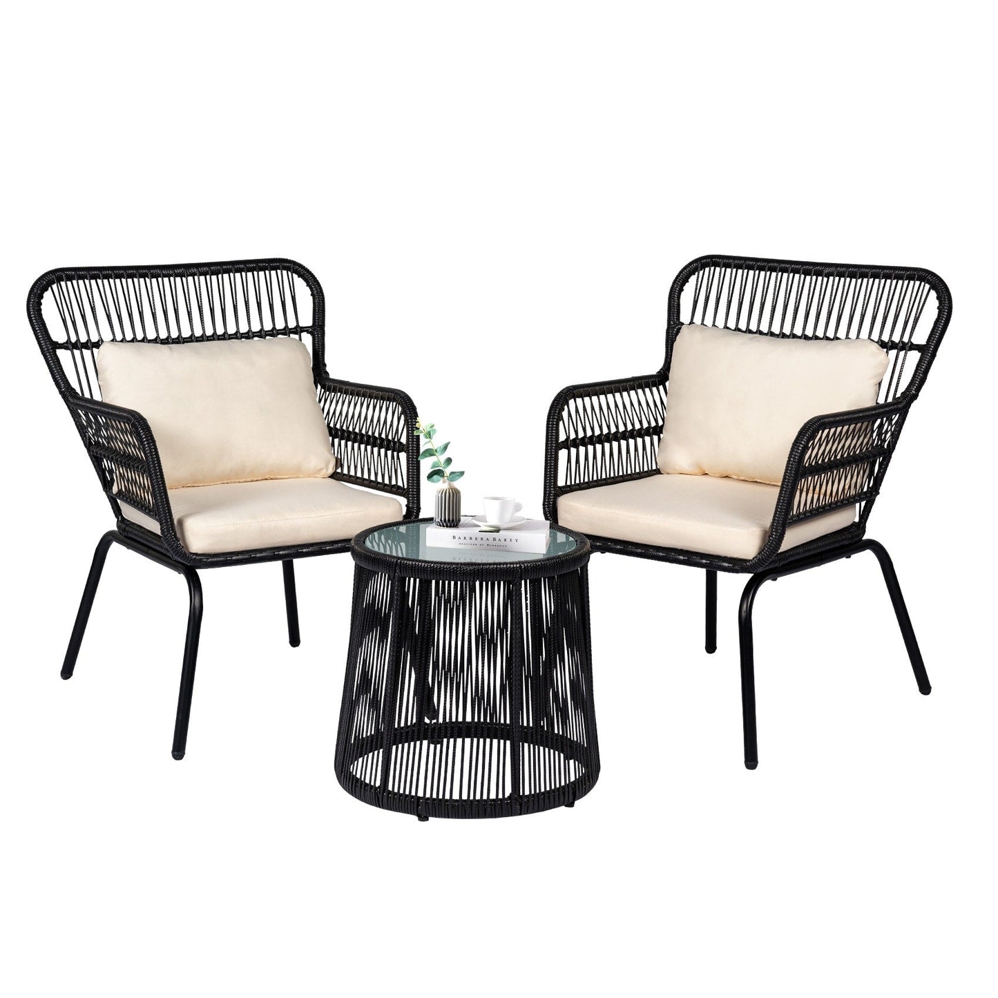 Ensemble de bistrot d'extérieur 3 pièces en osier, mobilier de jardin en rotin résistant aux intempéries, chaises de jardin avec coussins