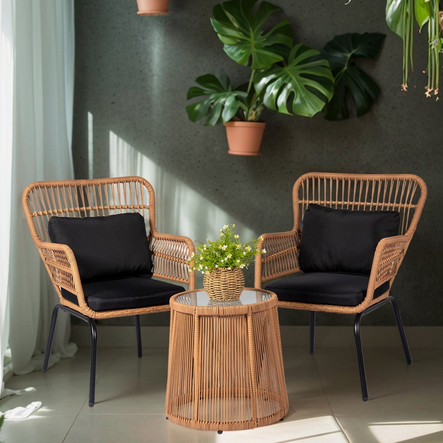 Ensemble de bistrot d'extérieur 3 pièces en osier, mobilier de jardin en rotin résistant aux intempéries, chaises de jardin avec coussins