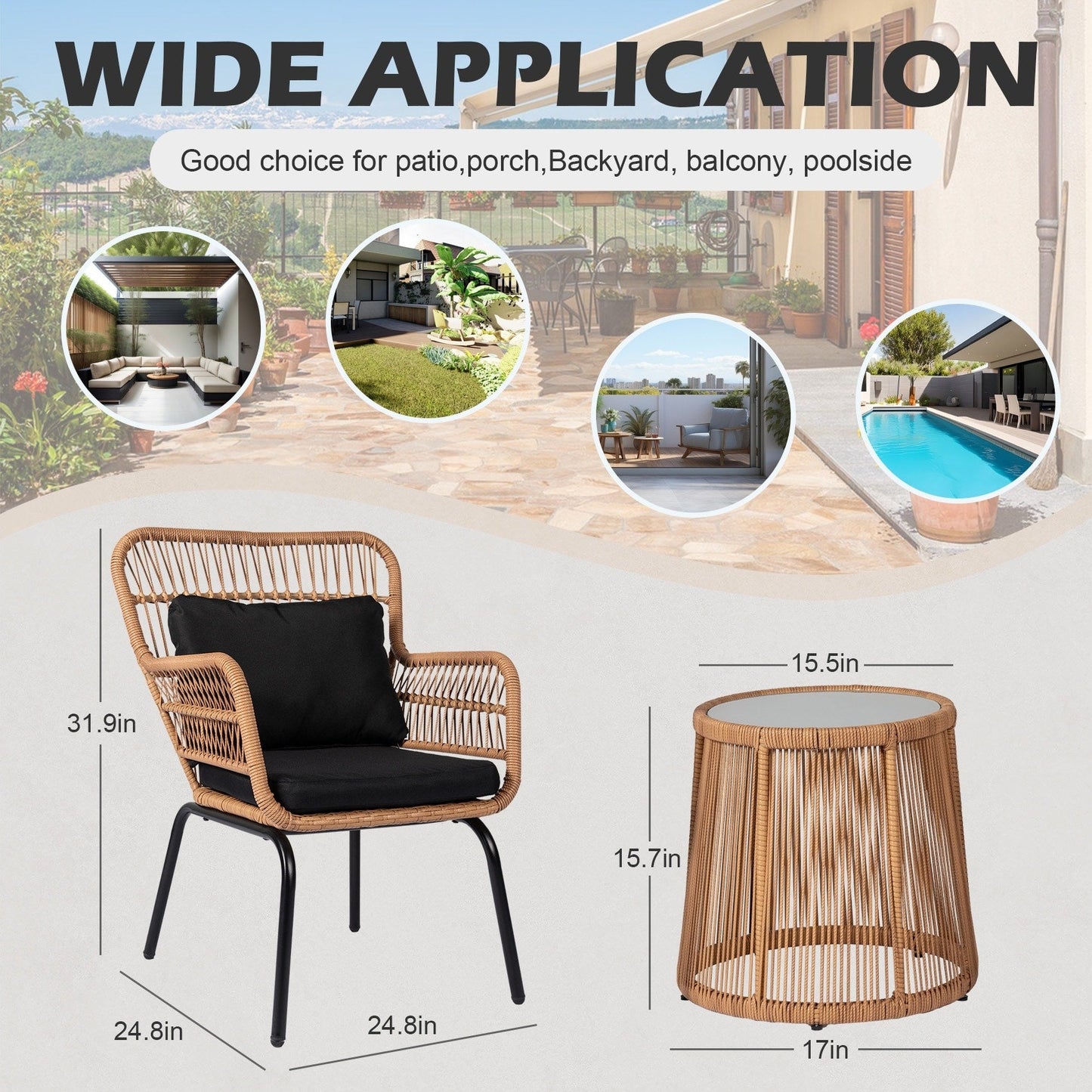 Ensemble de bistrot d'extérieur 3 pièces en osier, mobilier de jardin en rotin résistant aux intempéries, chaises de jardin avec coussins