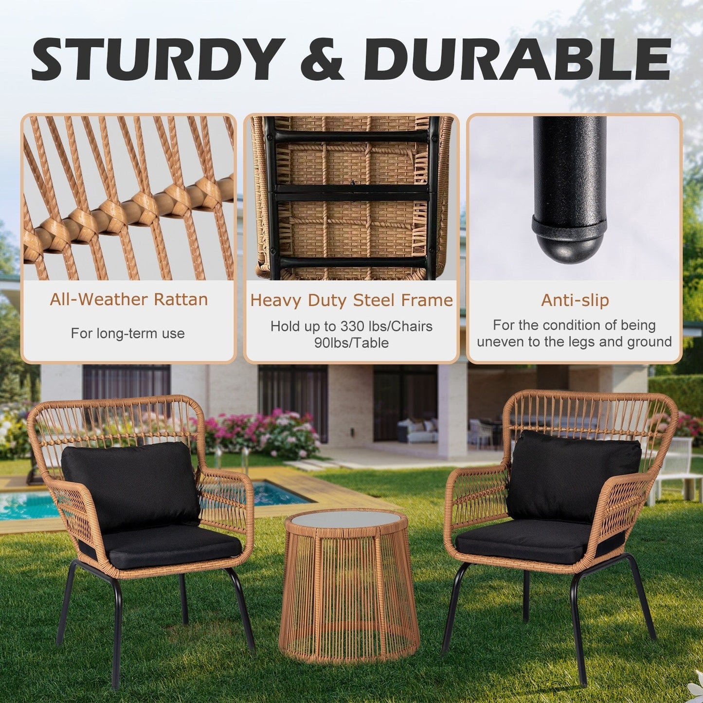 Ensemble de bistrot d'extérieur 3 pièces en osier, mobilier de jardin en rotin résistant aux intempéries, chaises de jardin avec coussins