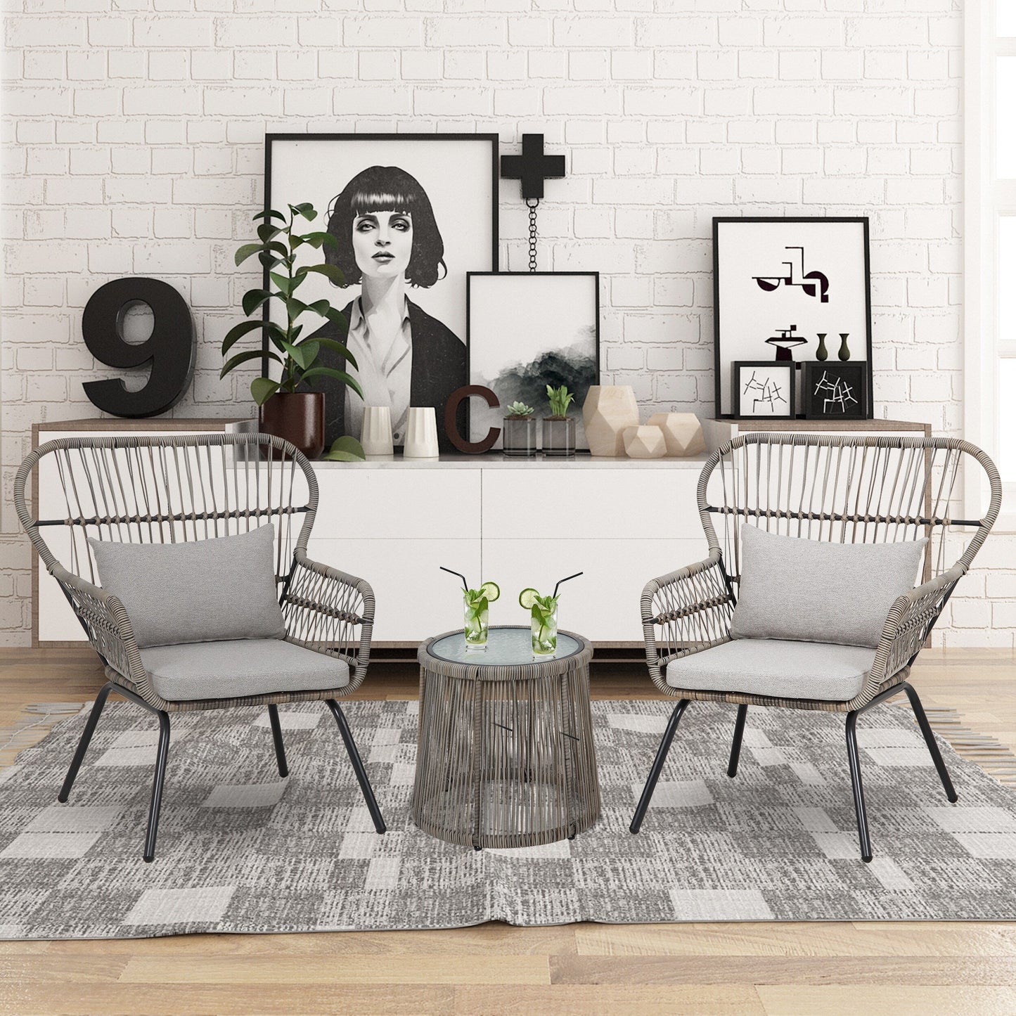 Ensemble de bistrot d'extérieur 3 pièces en osier, mobilier de jardin en rotin résistant aux intempéries, chaises de jardin avec coussins