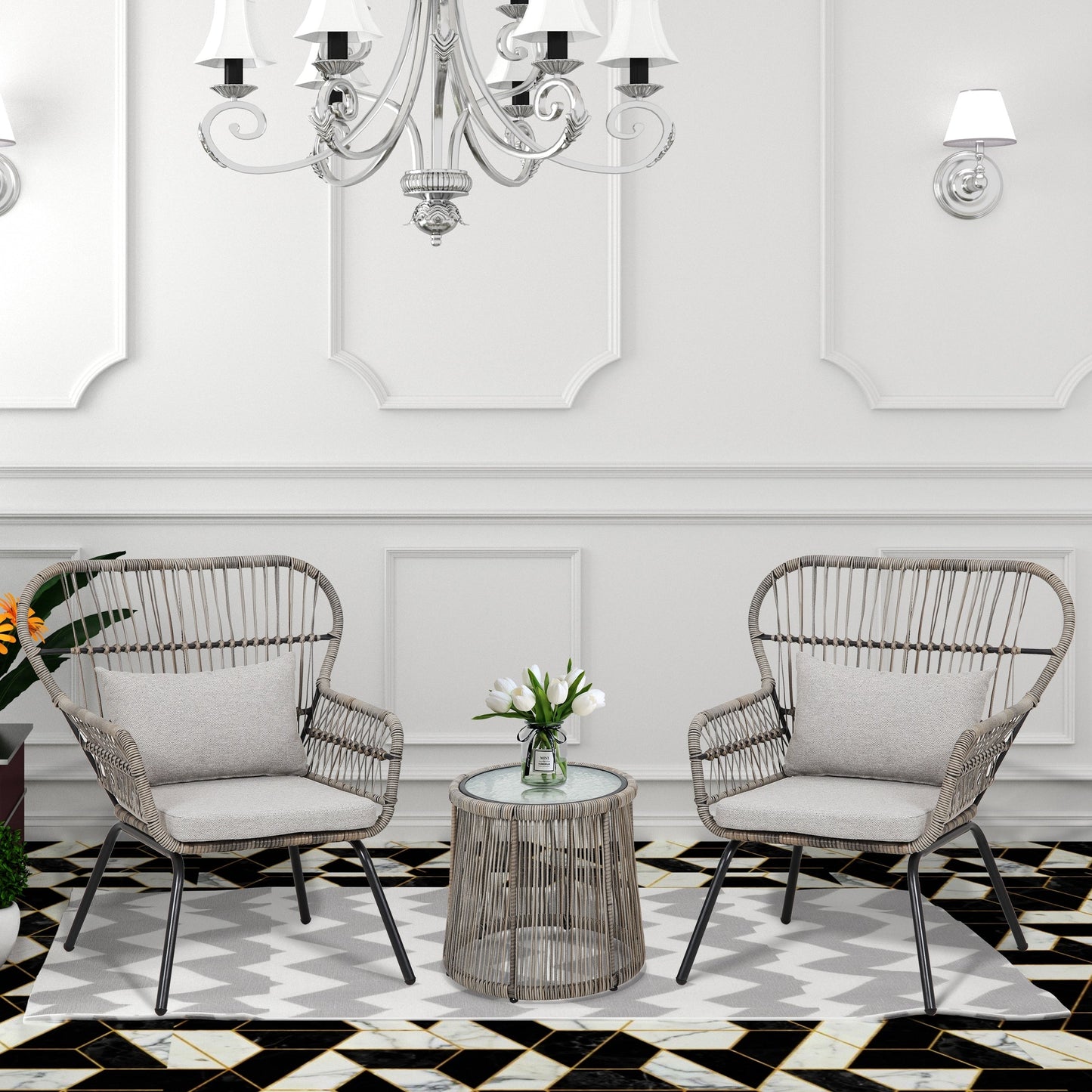 Ensemble de bistrot d'extérieur 3 pièces en osier, mobilier de jardin en rotin résistant aux intempéries, chaises de jardin avec coussins