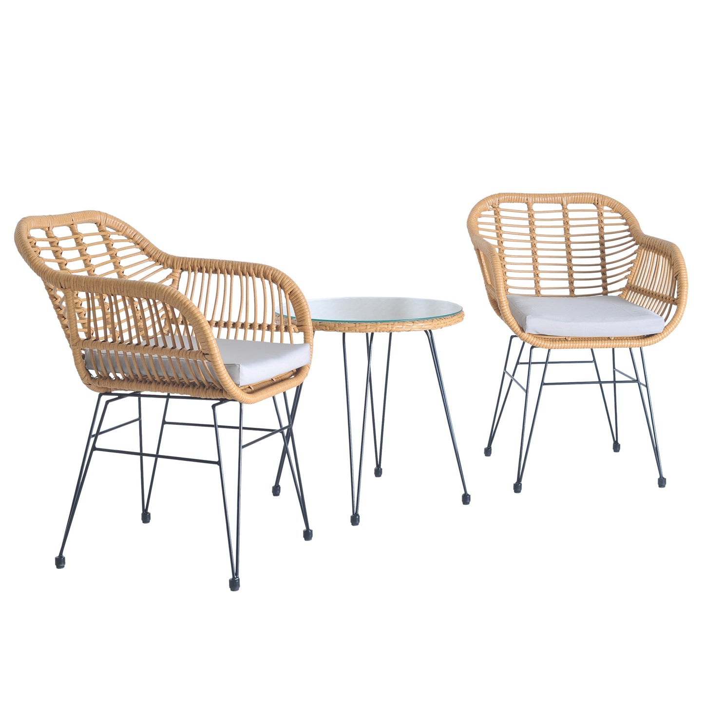 Ensemble de bistrot d'extérieur 3 pièces en rotin et osier avec coussins et table