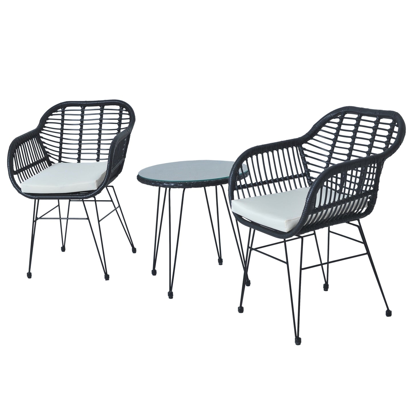 Ensemble de bistrot d'extérieur 3 pièces en rotin et osier avec coussins et table