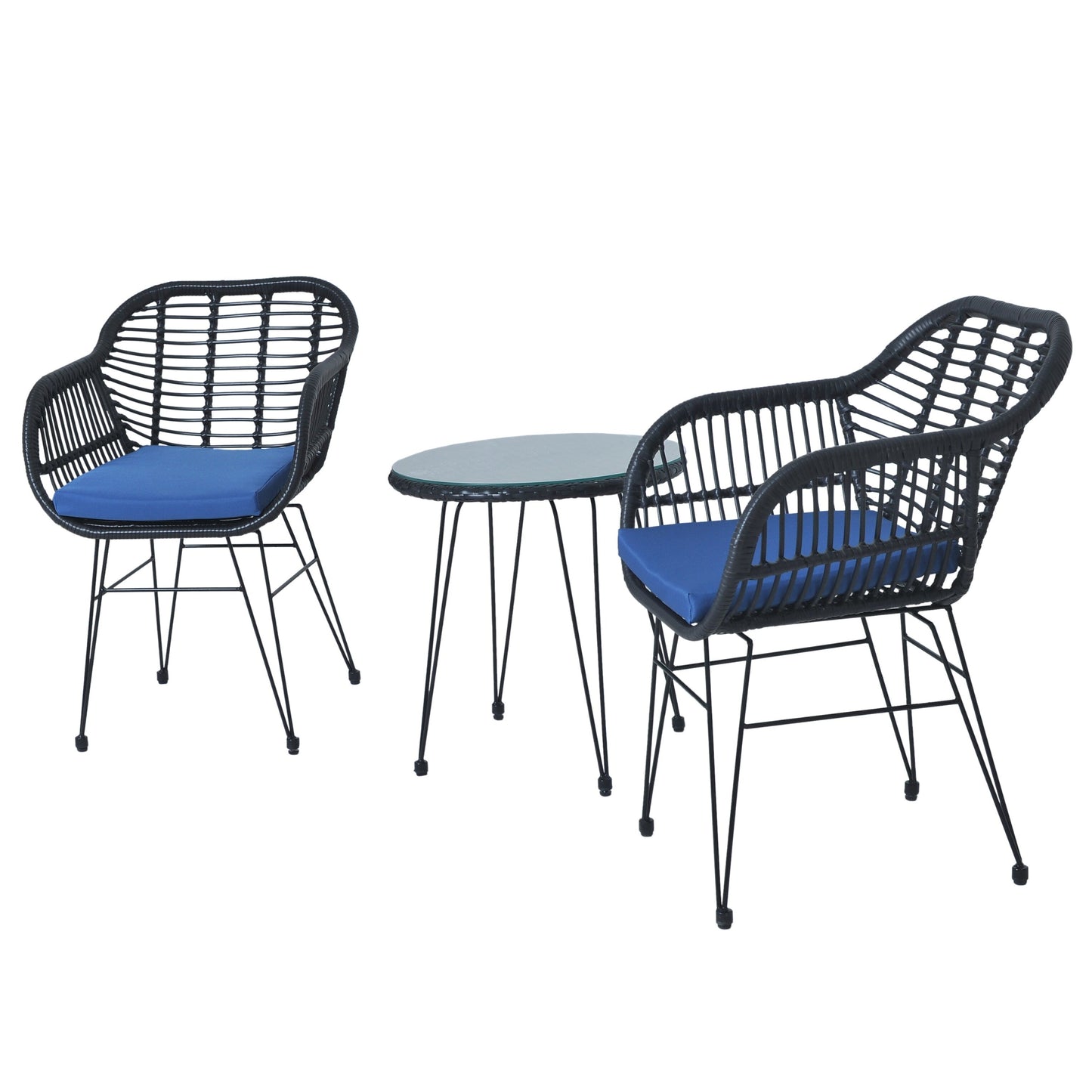 Ensemble de bistrot d'extérieur 3 pièces en rotin et osier avec coussins et table